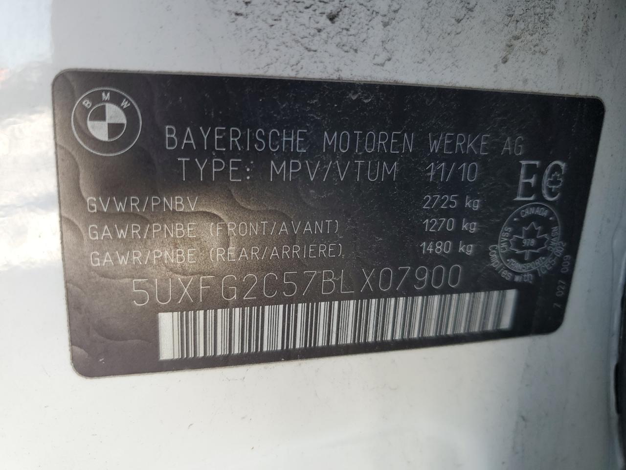 2011 BMW X6 xDrive35I VIN: 5UXFG2C57BLX07900 Lot: 43768775