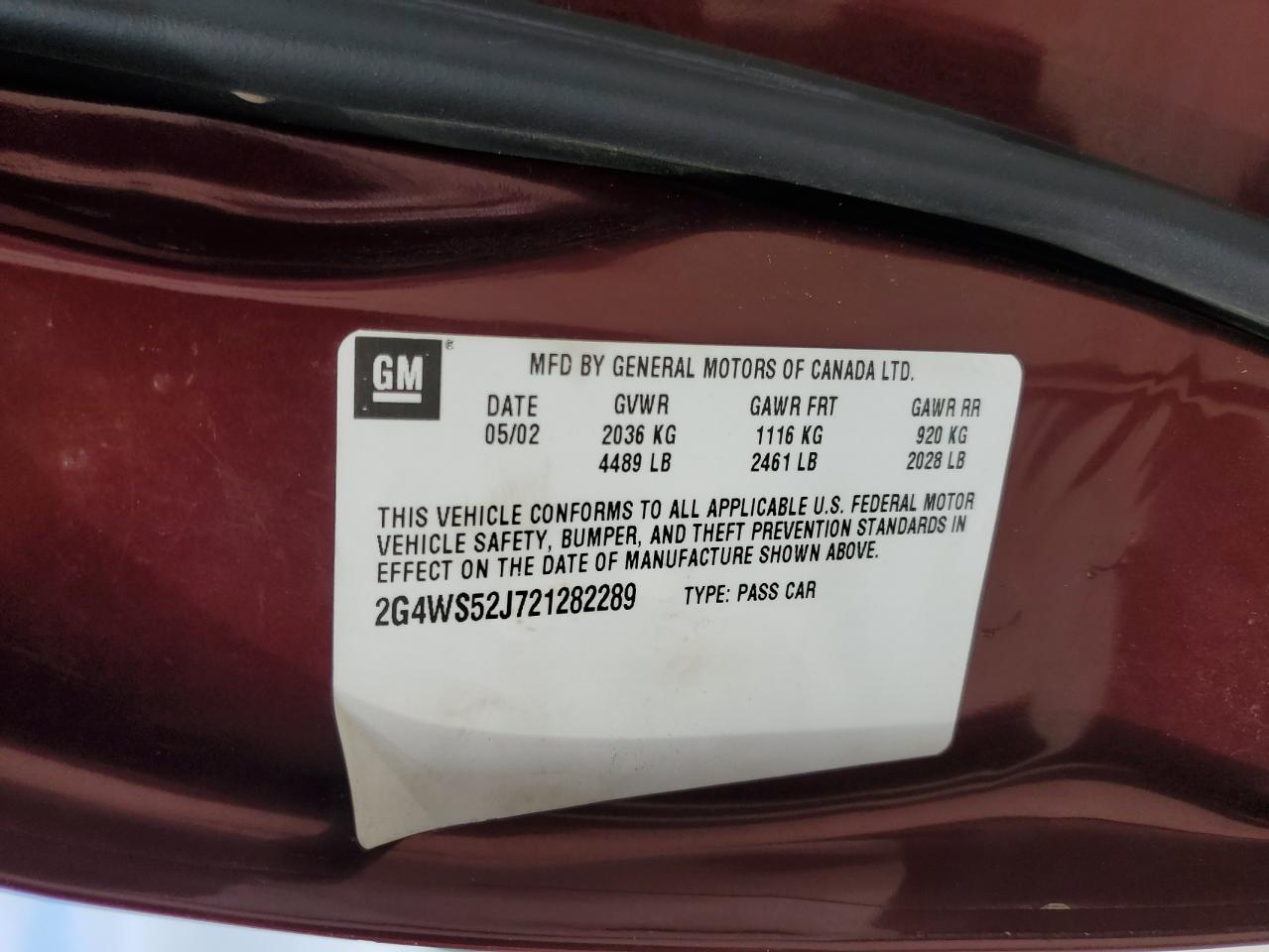 2002 Buick Century Custom VIN: 2G4WS52J721282289 Lot: 68919005