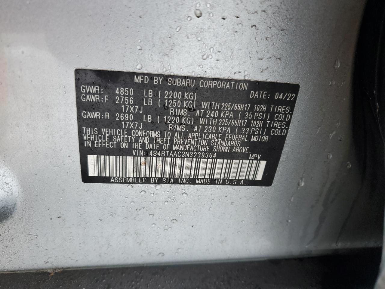 2022 Subaru Outback VIN: 4S4BTAAC3N3239364 Lot: 44996215