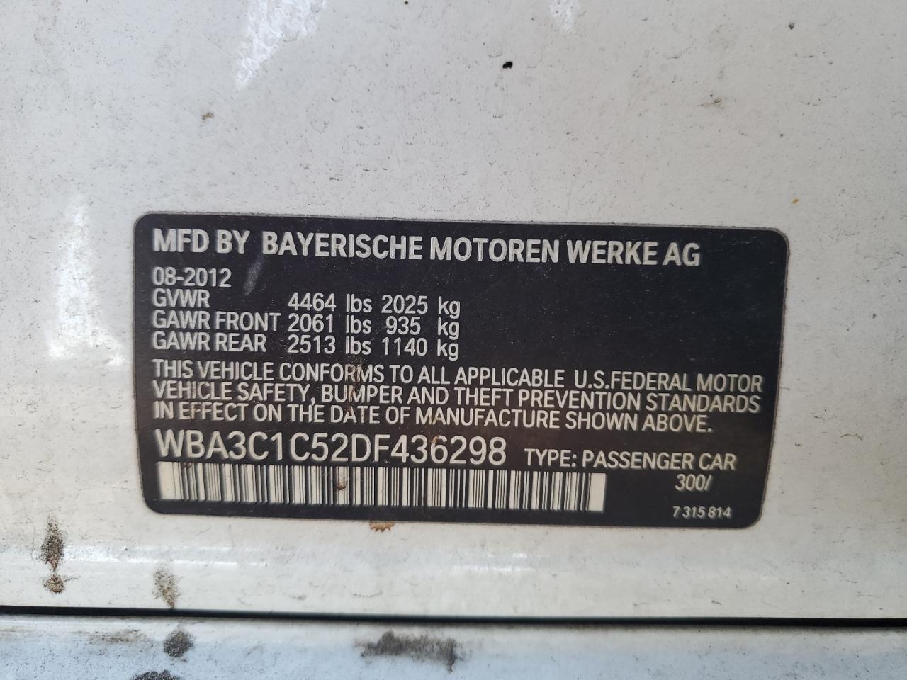 2013 BMW 3 Series VIN: WBA3C1C520F436298 Lot: 46725035