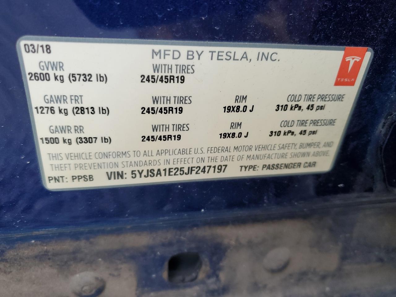 2018 Tesla Model S VIN: 5YJSA1E25JF247197 Lot: 44942115