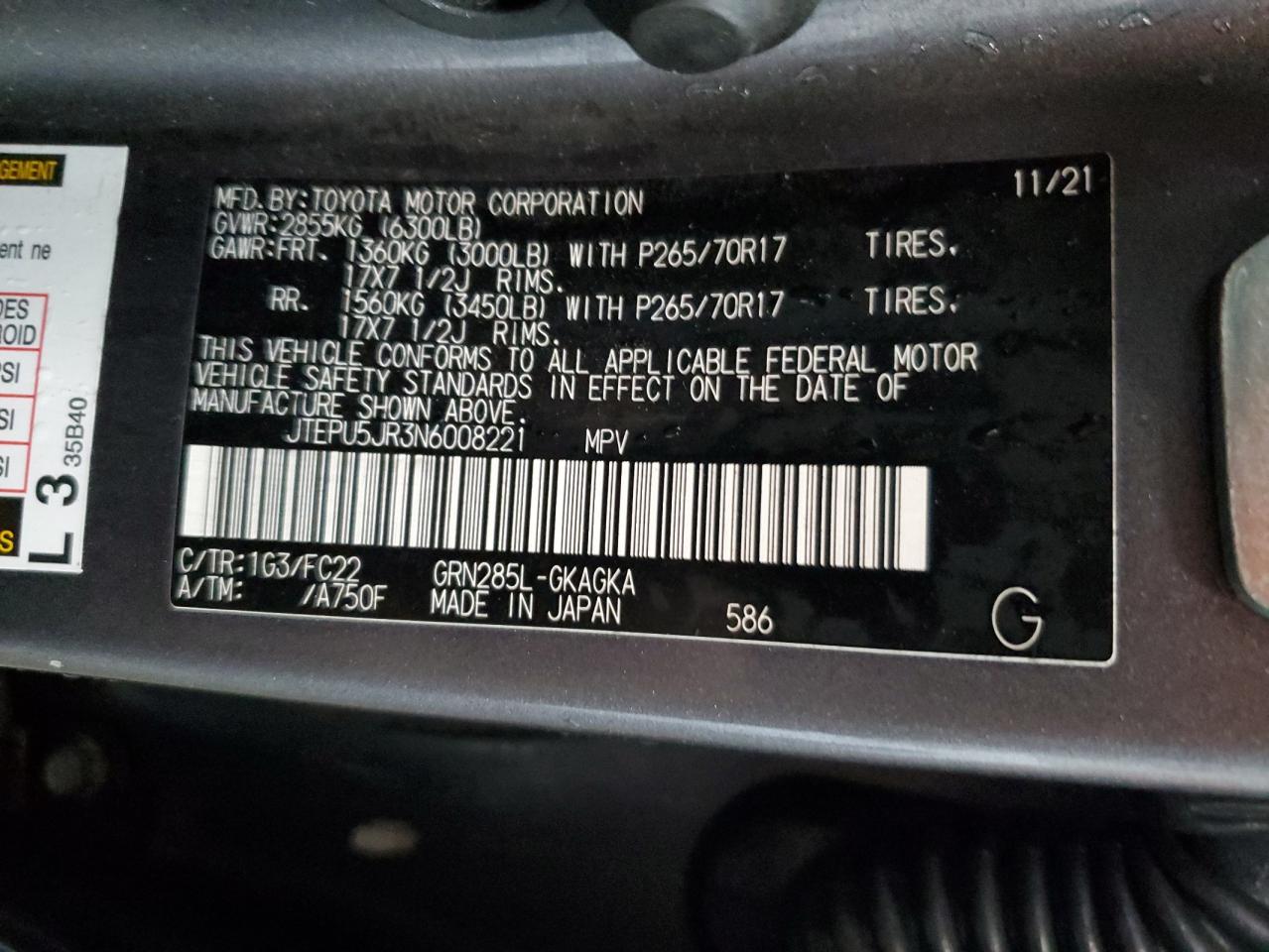 2022 Toyota 4Runner Sr5/Sr5 Premium VIN: JTEPU5JR3N6008221 Lot: 43739085