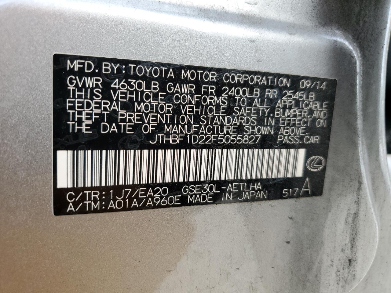 jthbf1d22f5055827 JTHBF1D22F5055827 2015 Lexus Is 250