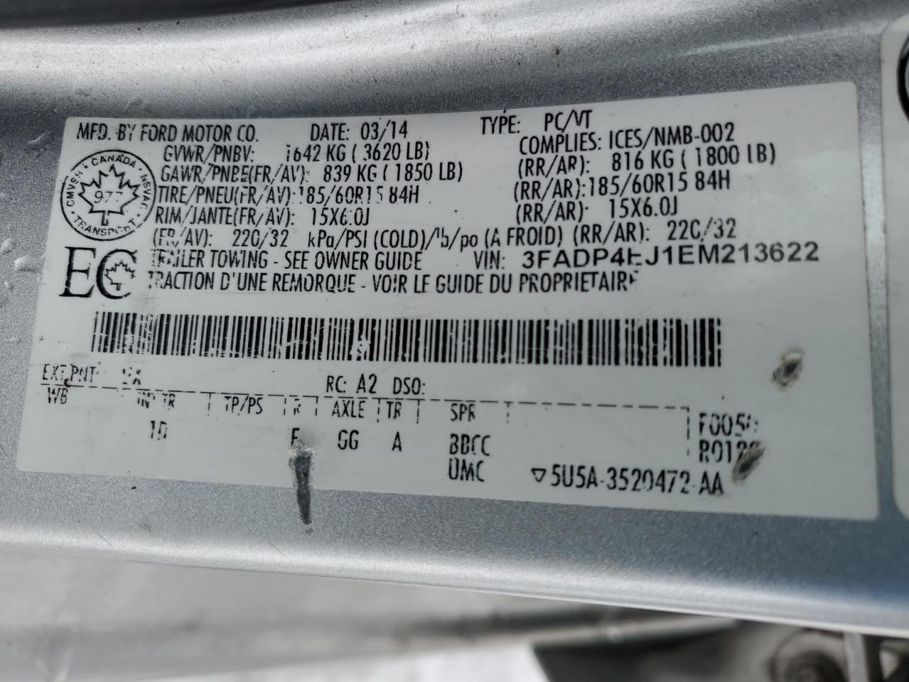 2014 Ford Fiesta Se VIN: 3FADP4EJ1EM213622 Lot: 44578925