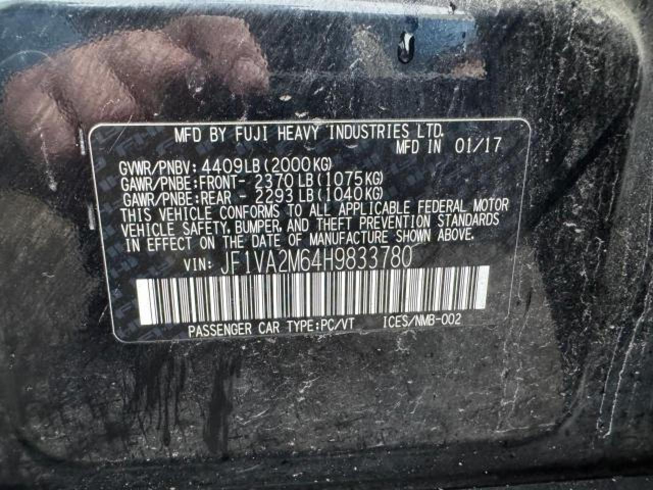 2017 Subaru Wrx Sti VIN: JF1VA2M64H9833780 Lot: 45813615