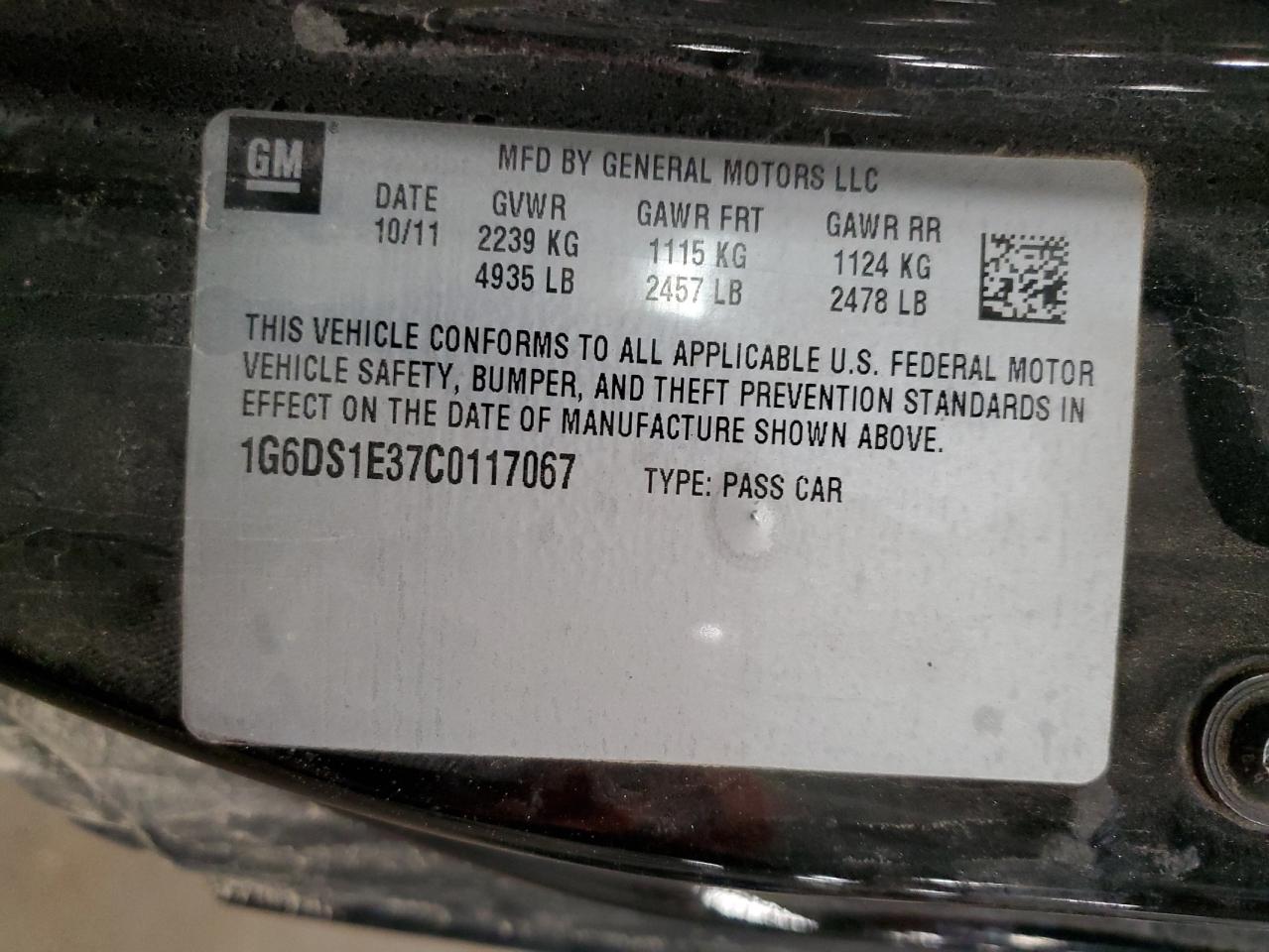 2012 Cadillac Cts Premium Collection VIN: 1G6DS1E37C0117067 Lot: 43543755