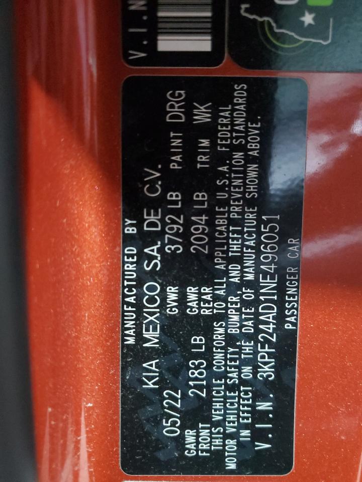 2022 Kia Forte Fe VIN: 3KPF24AD1NE496051 Lot: 46366905