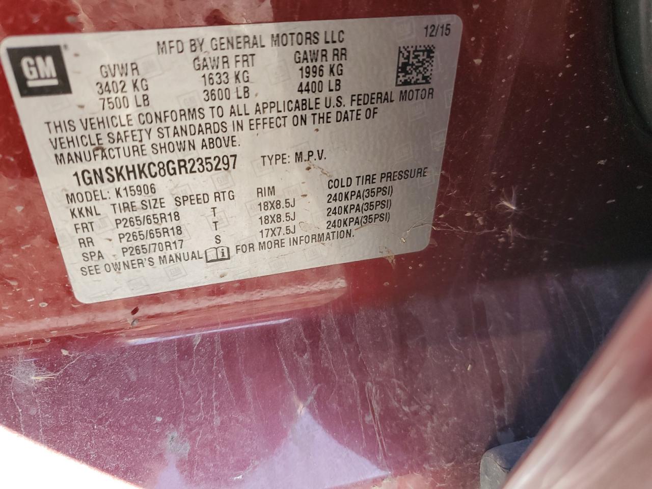 2016 Chevrolet Suburban K1500 Lt VIN: 1GNSKHKC8GR235297 Lot: 85642134