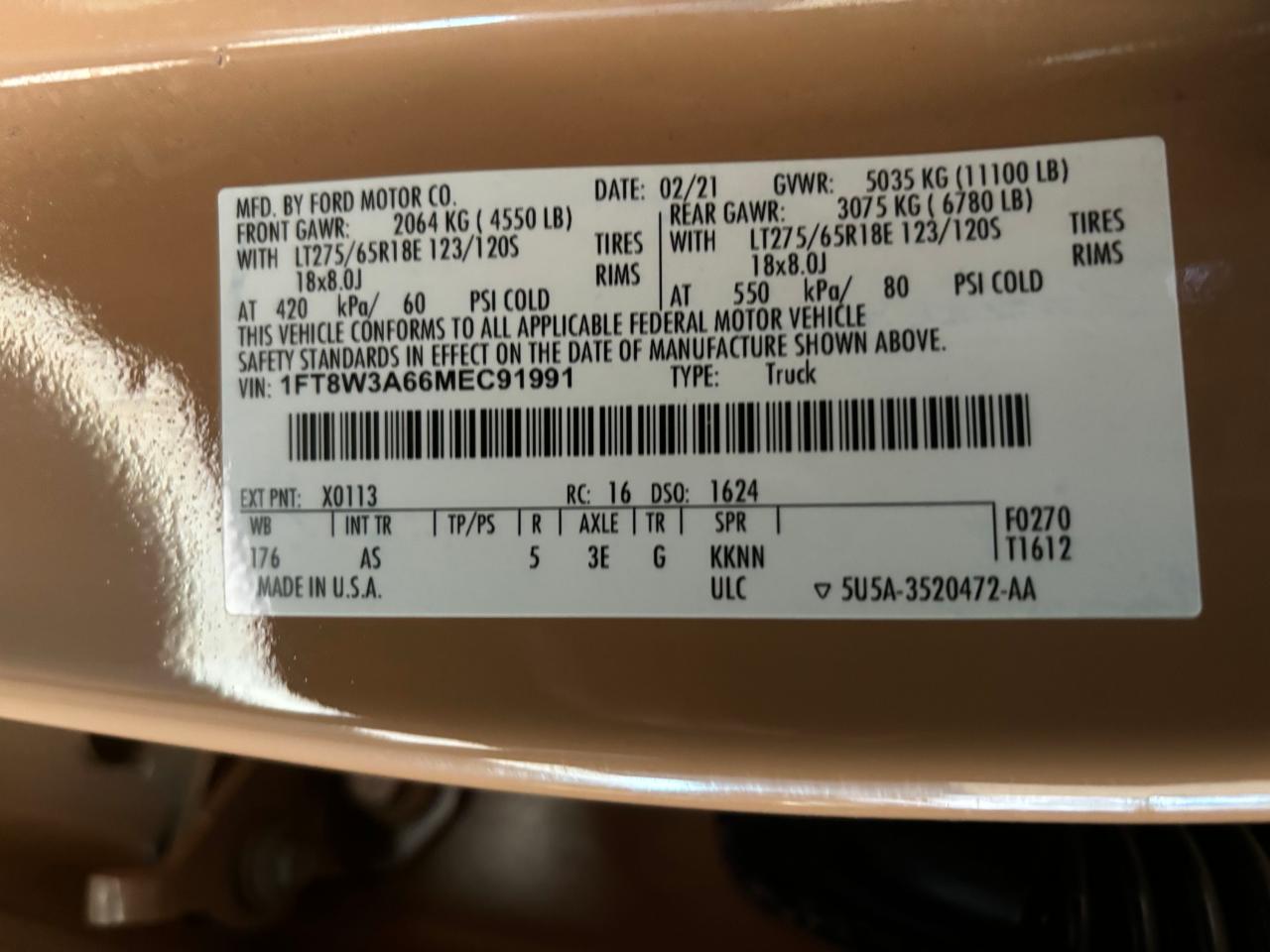 2021 Ford F350 Super Duty VIN: 1FT8W3A66MEC91991 Lot: 45555265