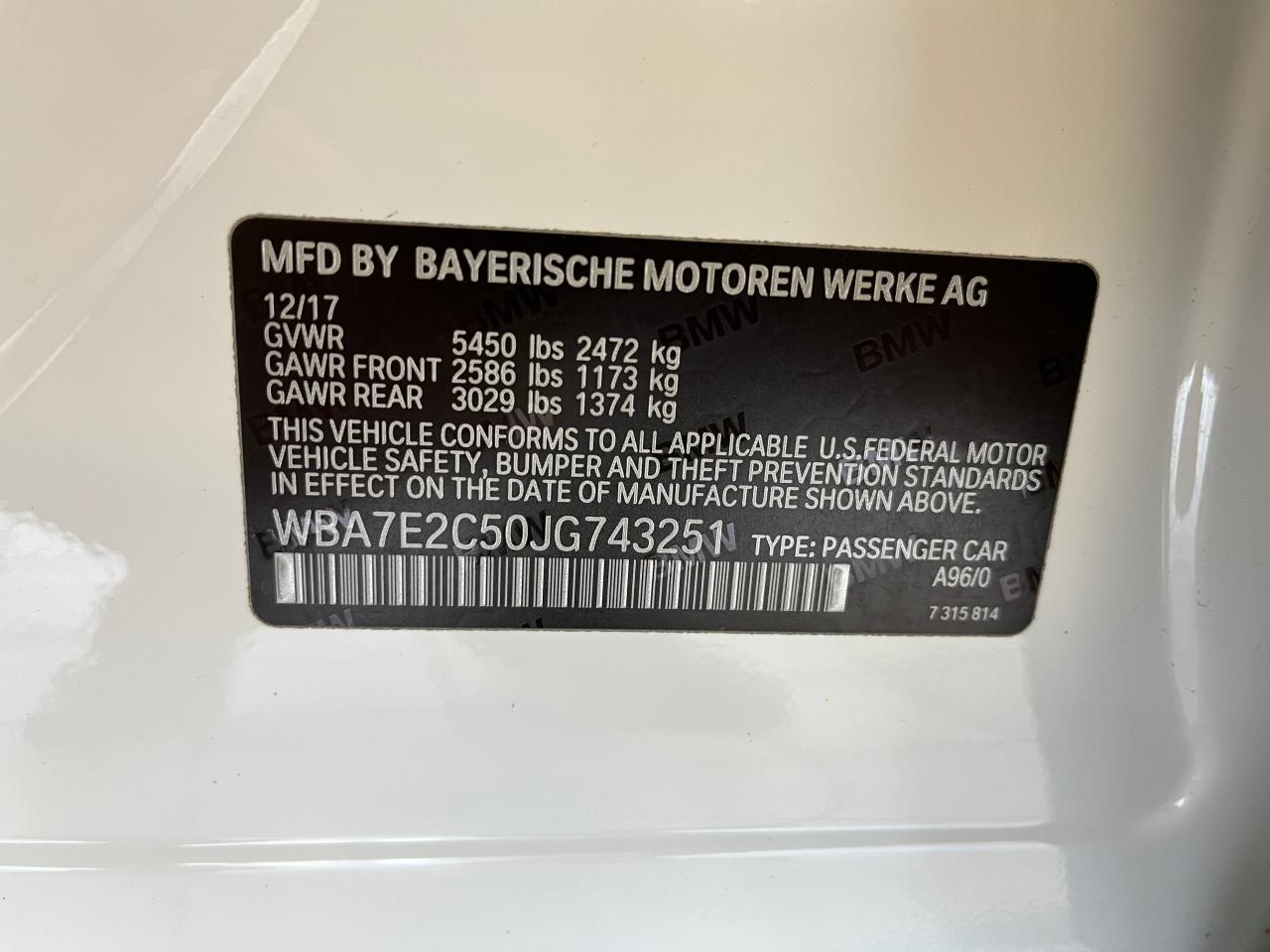 2018 BMW 740 I VIN: WBA7E2C50JG74325W Lot: 46553935