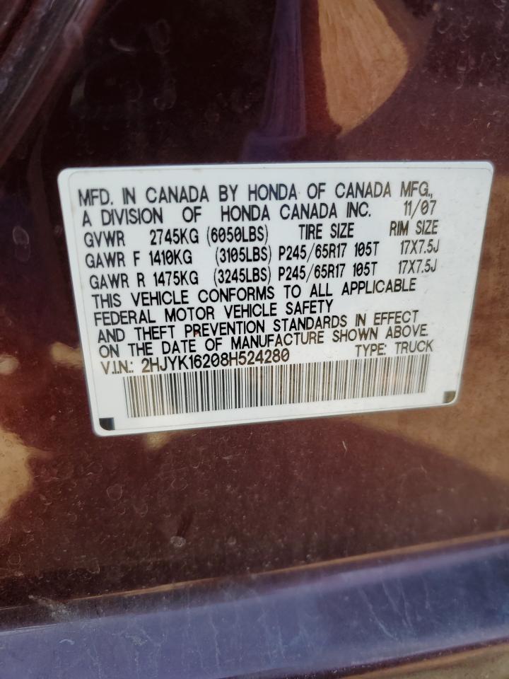 2008 Honda Ridgeline Rt VIN: 2HJYK16208H524280 Lot: 46954215