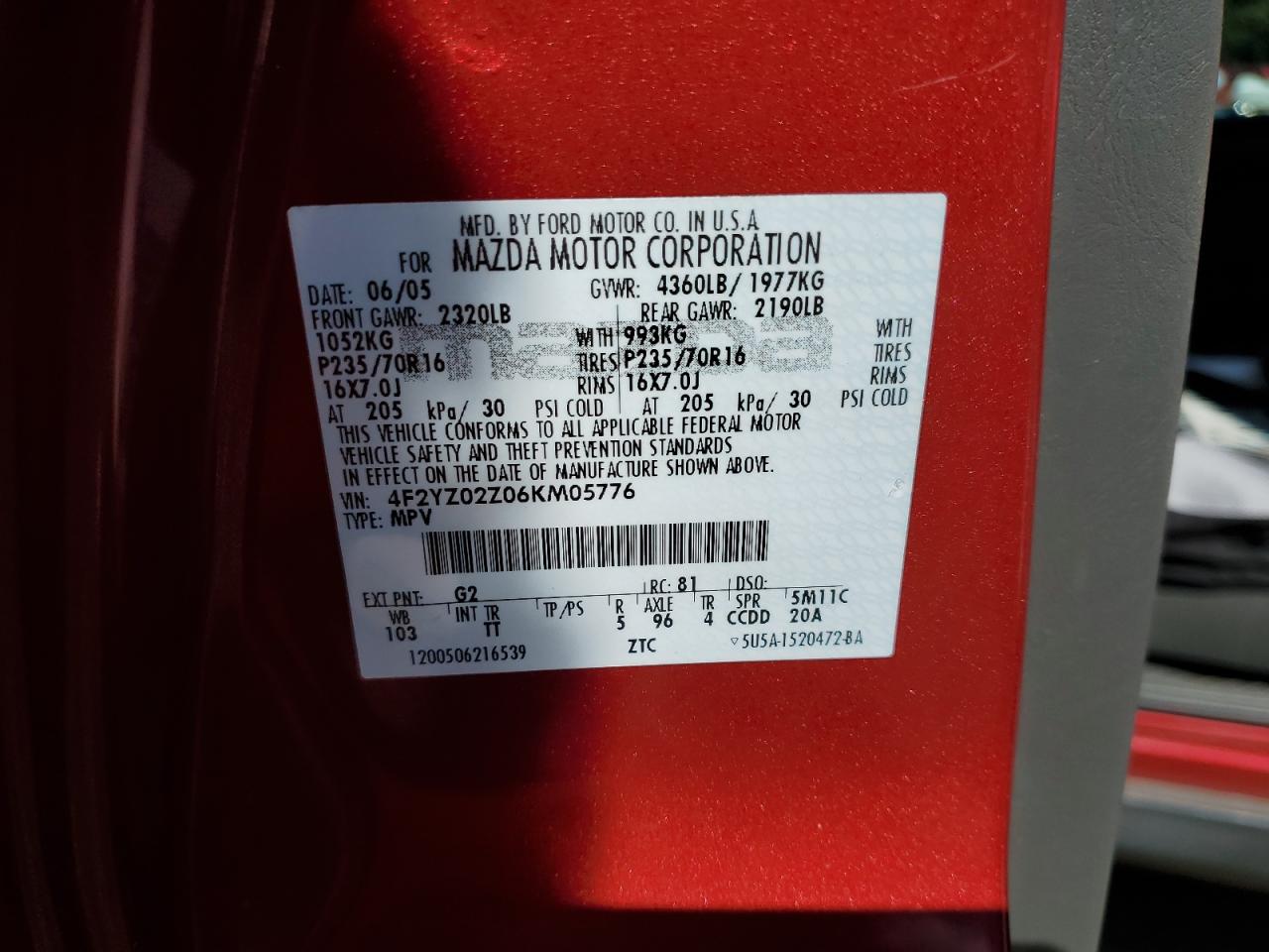 2006 Mazda Tribute I VIN: 4F2YZ02Z06KM05776 Lot: 43838875