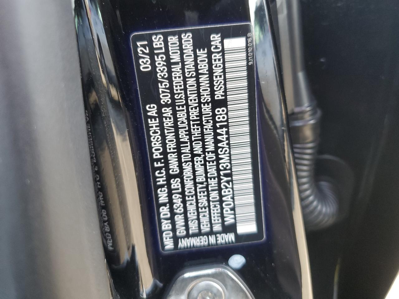 2021 Porsche Taycan 4S VIN: WP0AB2Y13MSA44188 Lot: 44994935