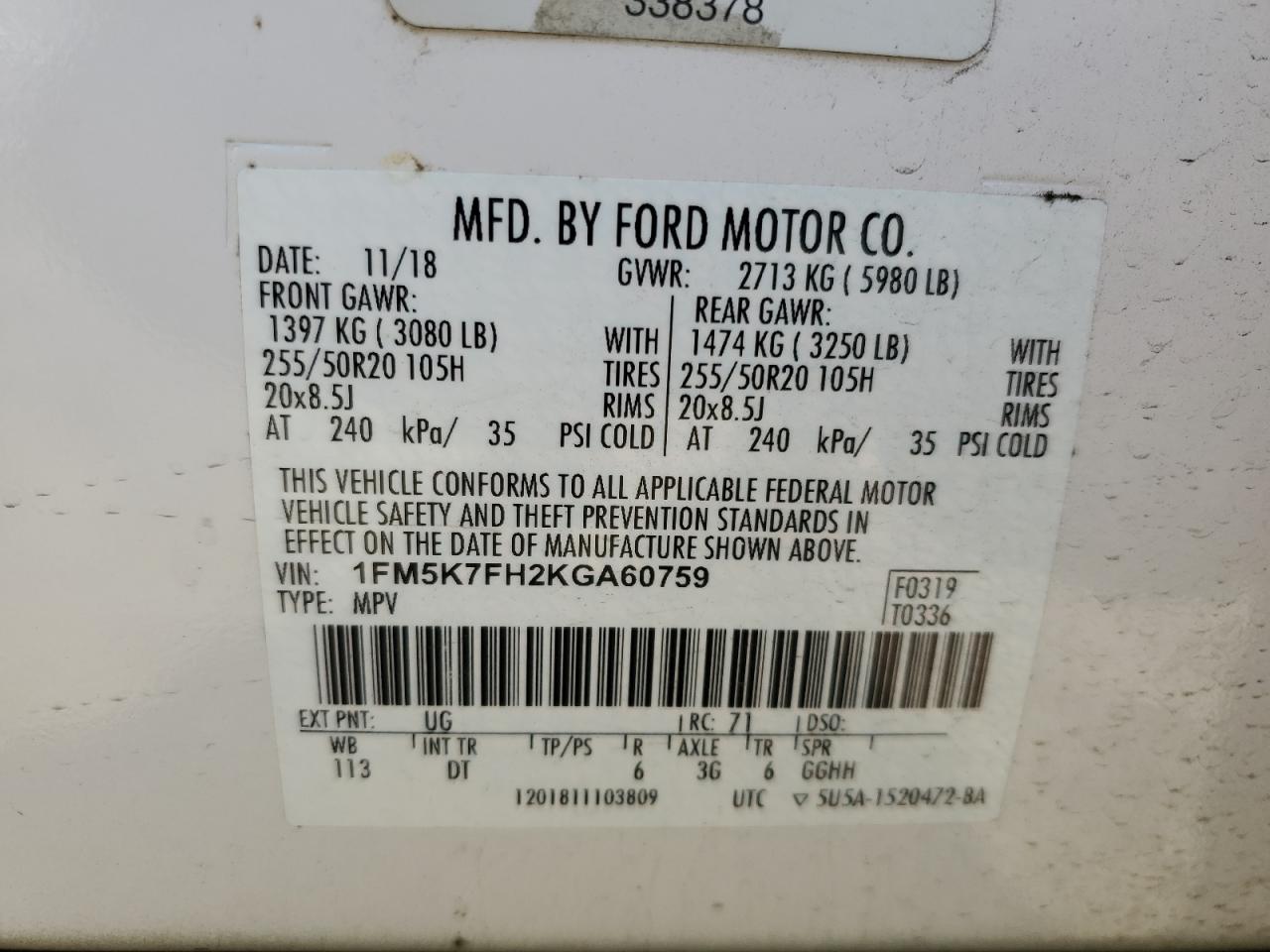 2019 Ford Explorer Limited VIN: 1FM5K7FH2KGA60759 Lot: 46539415