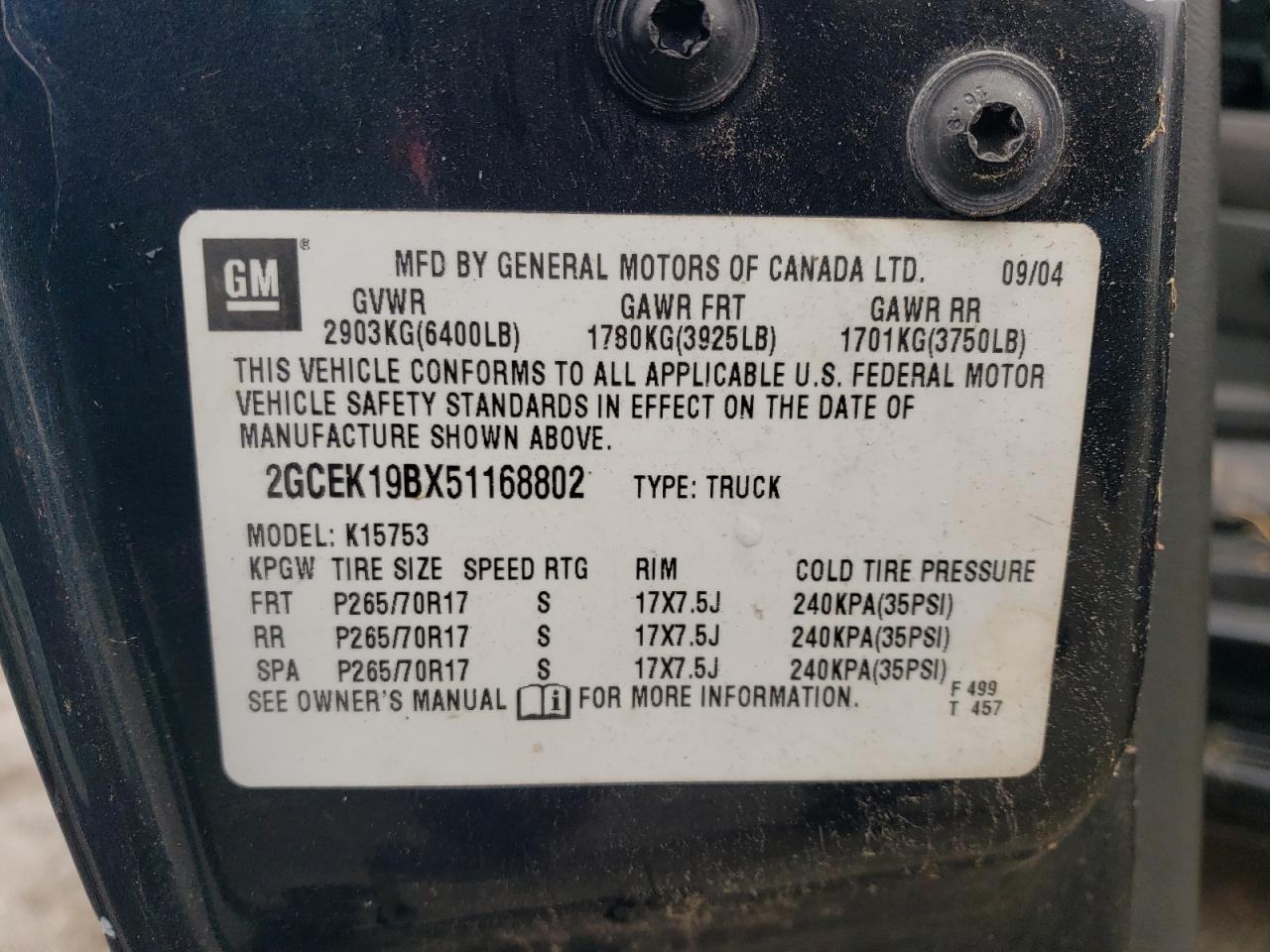 2005 Chevrolet Silverado K1500 VIN: 2GCEK19BX51168802 Lot: 44973465