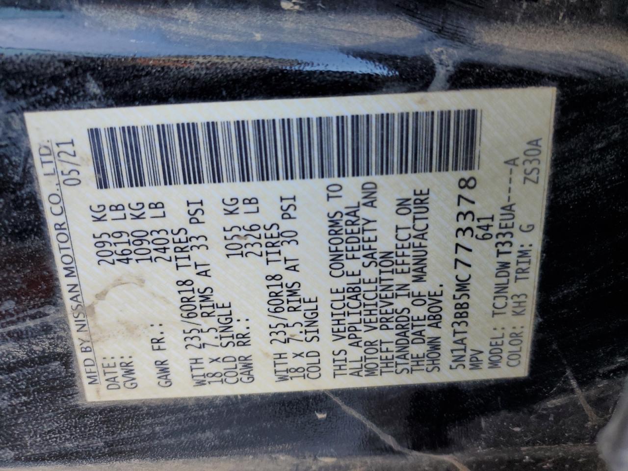 2021 Nissan Rogue Sv VIN: 5N1AT3BB5MC773378 Lot: 43833505