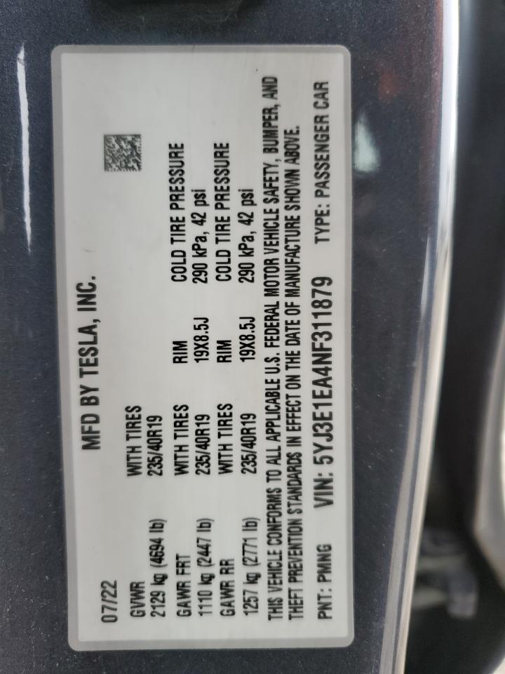 2022 Tesla Model 3 VIN: 5YJ3E1EA4NF311879 Lot: 45007735