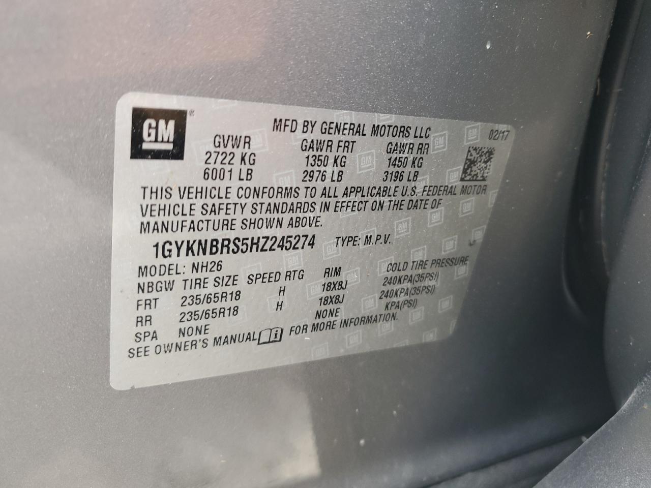 2017 Cadillac Xt5 Luxury VIN: 1GYKNBRS5HZ245274 Lot: 43337565