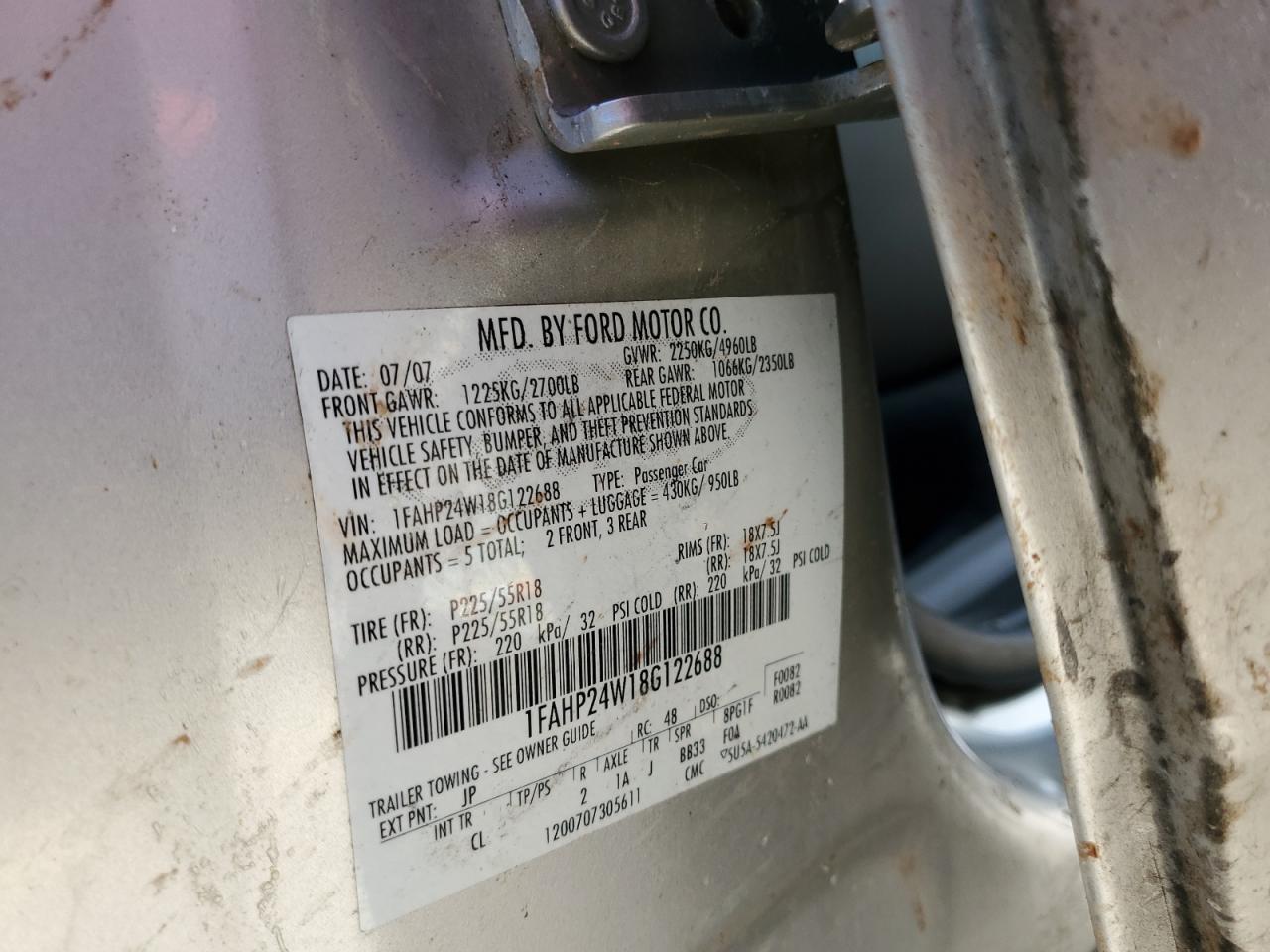 2008 Ford Taurus Sel VIN: 1FAHP24W18G122688 Lot: 46675545
