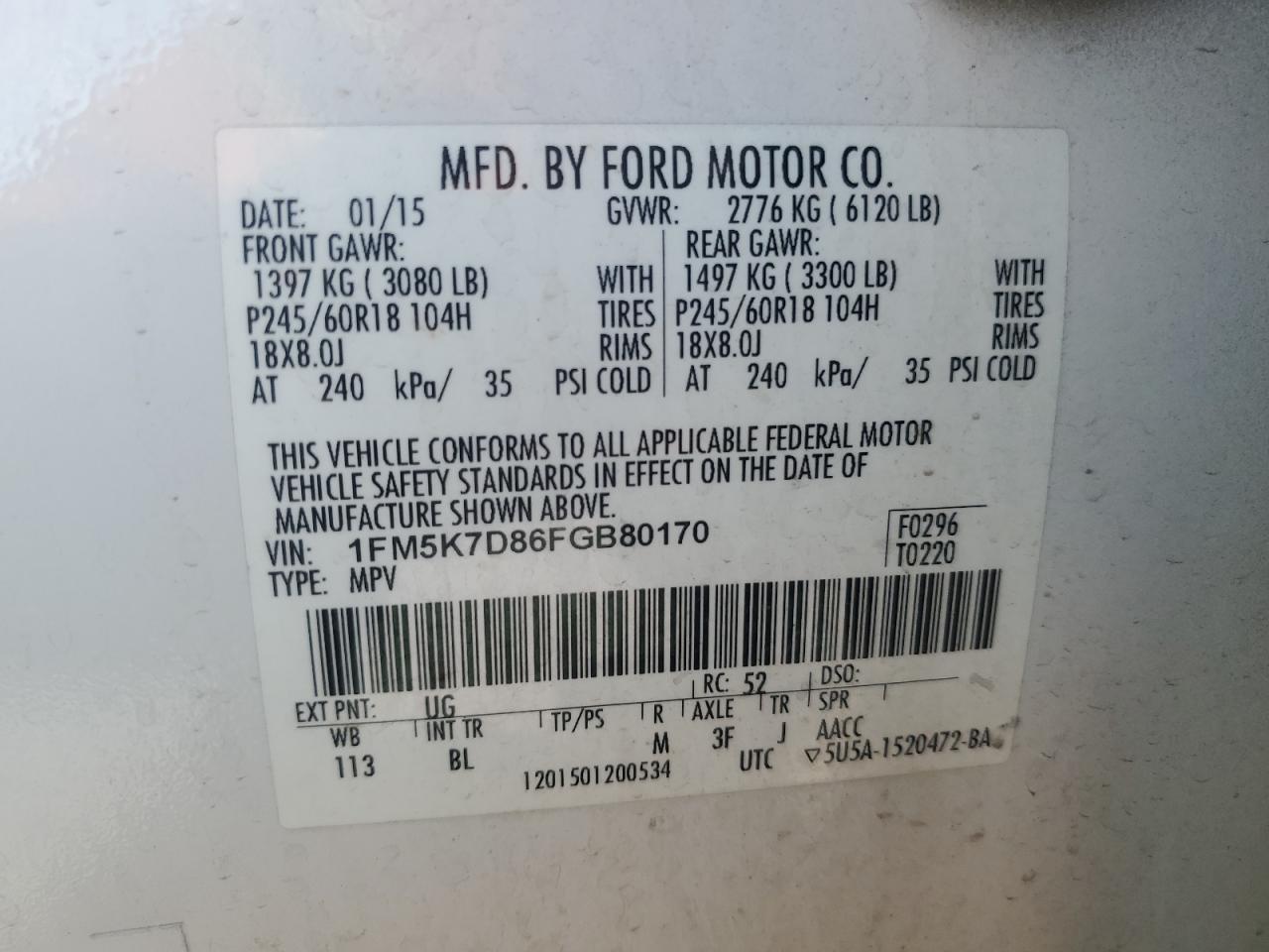 2015 Ford Explorer Xlt VIN: 1FM5K7D86FGB80170 Lot: 46495215