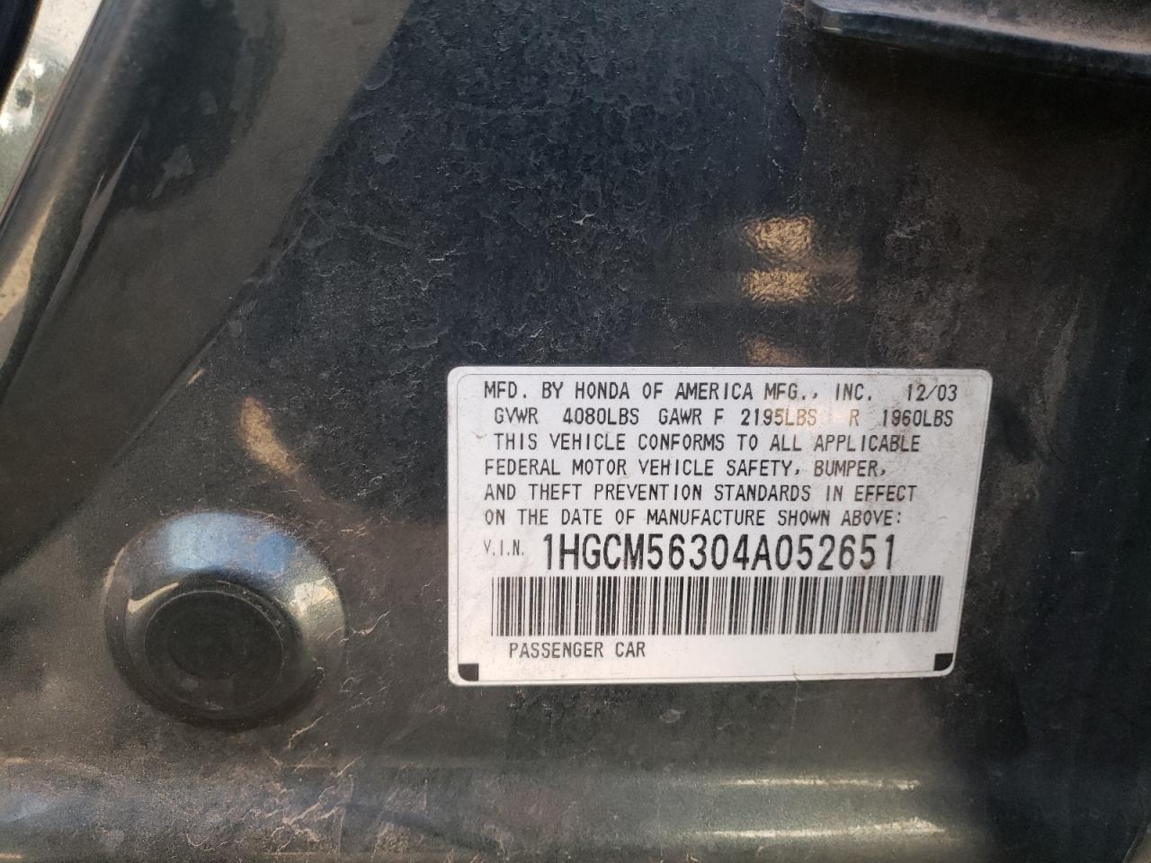 2004 Honda Accord Lx VIN: 1HGCM56304A052651 Lot: 51898025