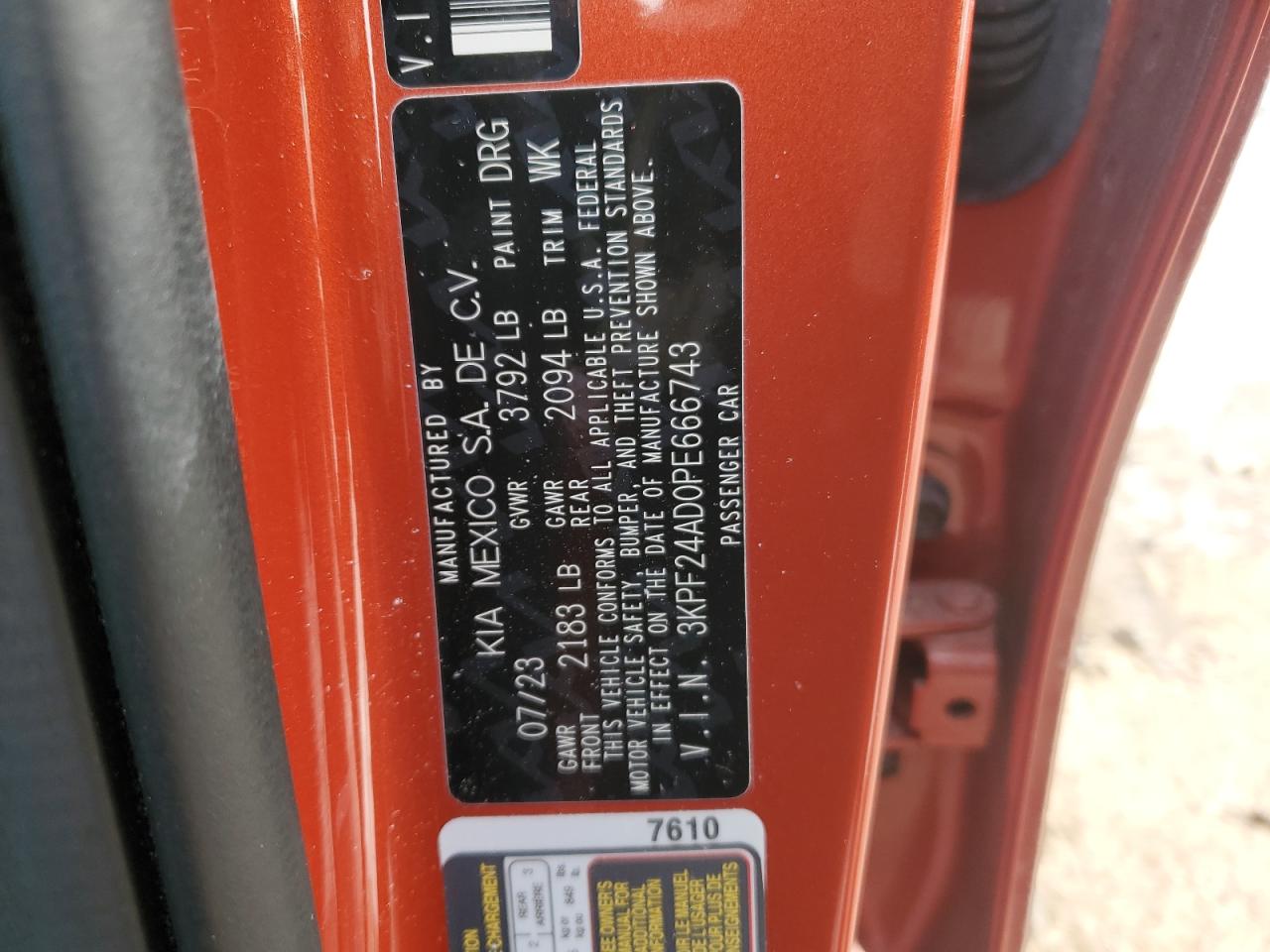 2023 Kia Forte Lx VIN: 3KPF24AD0PE666743 Lot: 43925835