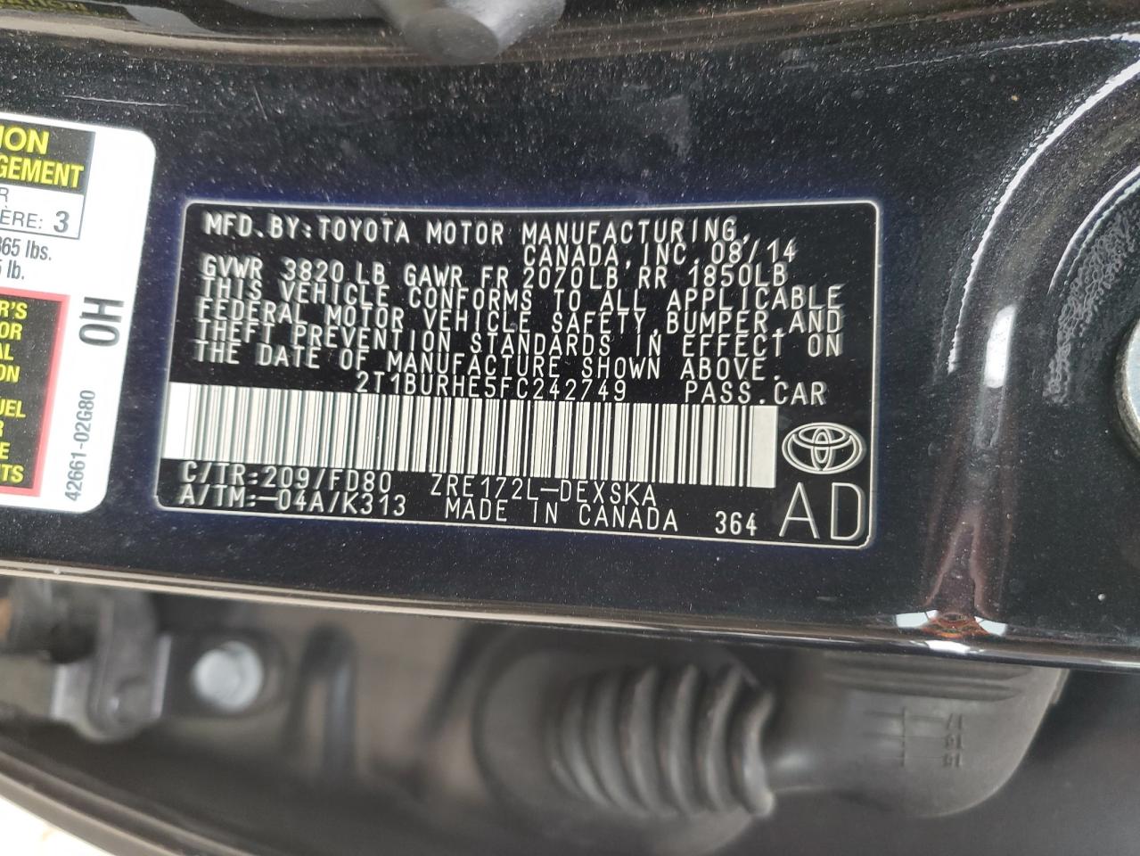 2015 Toyota Corolla L VIN: 2T1BURHE5FC242749 Lot: 43224705