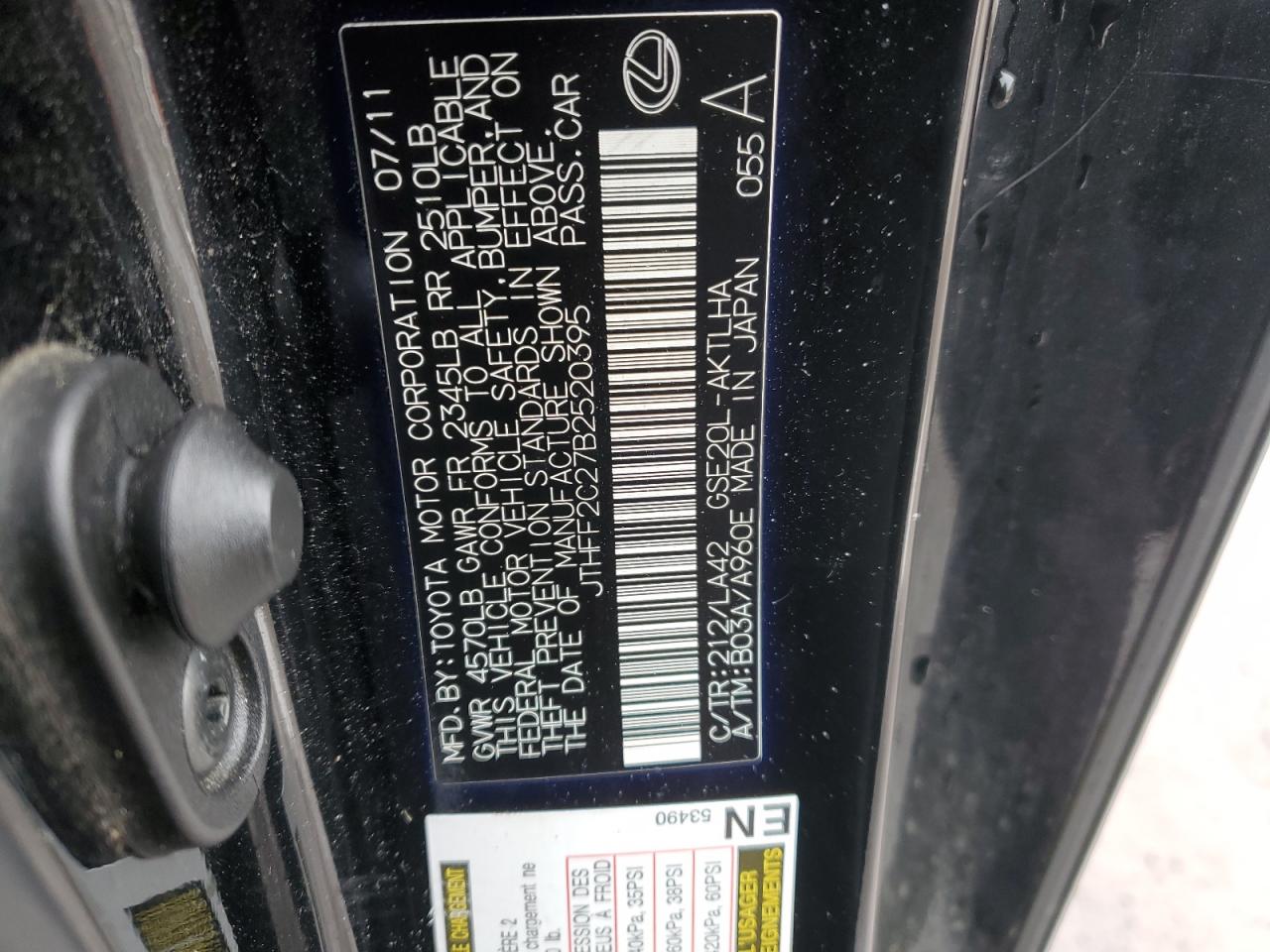 2011 Lexus Is 250 VIN: JTHFF2C27B2520395 Lot: 43304855