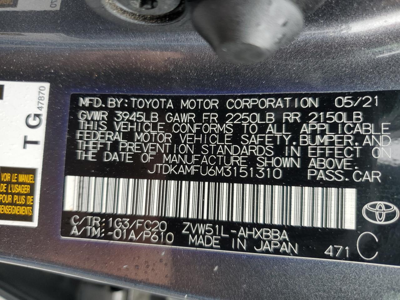 2021 Toyota Prius Special Edition VIN: JTDKAMFU6M3151310 Lot: 44412745