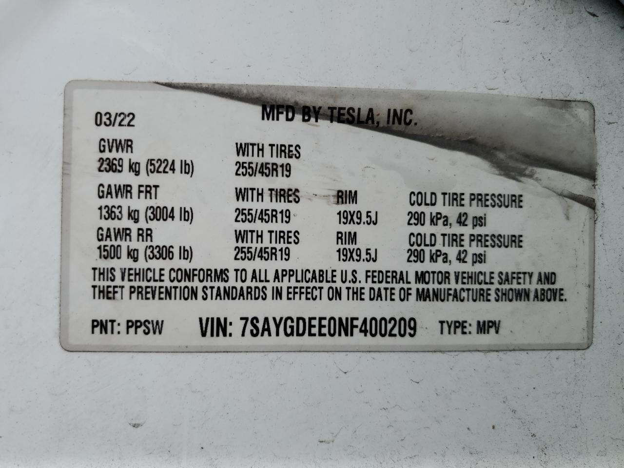 2022 Tesla Model Y VIN: 7SAYGDEE0NF400209 Lot: 43271095