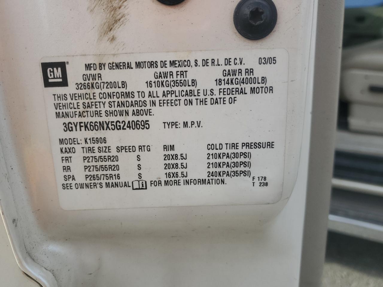 2005 Cadillac Escalade Esv VIN: 3GYFK66NX5G240695 Lot: 45814095