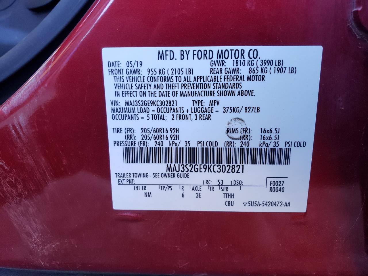 2019 Ford Ecosport Se VIN: MAJ3S2GE9KC302821 Lot: 47071925