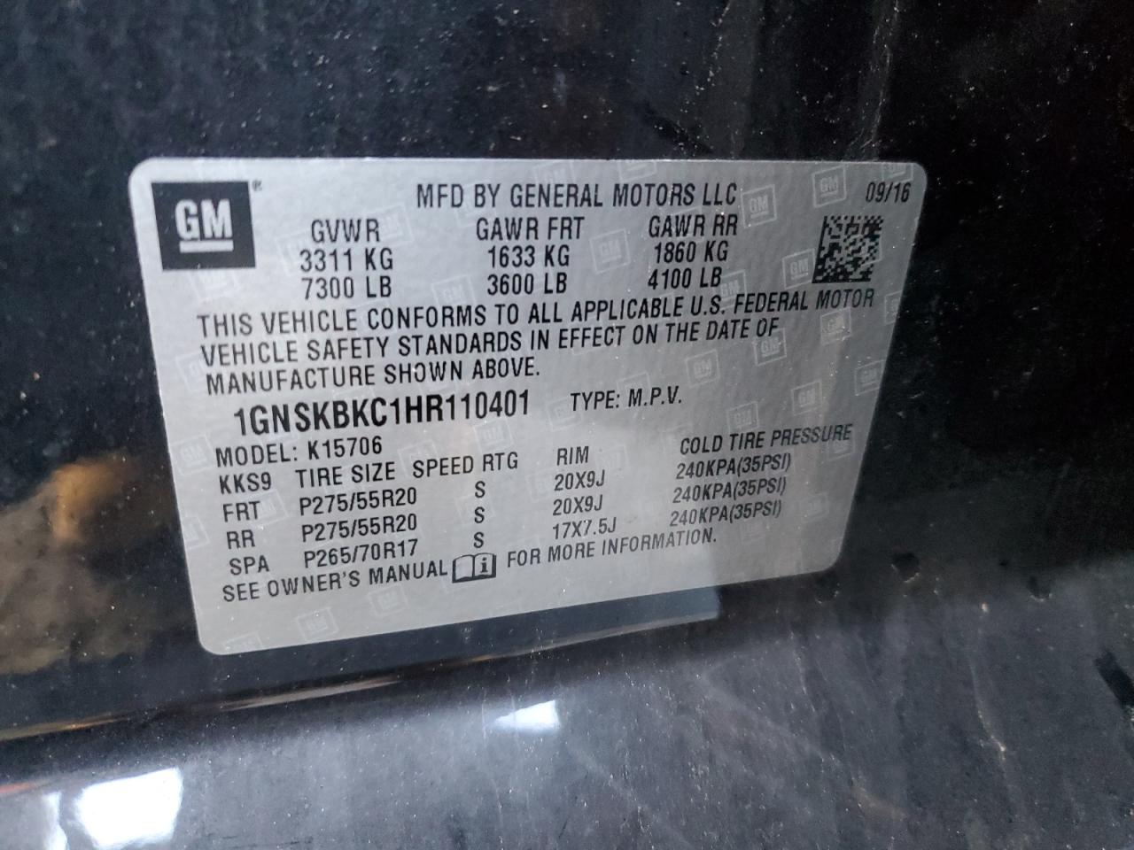 2017 Chevrolet Tahoe K1500 Lt VIN: 1GNSKBKC1HR110401 Lot: 85385115