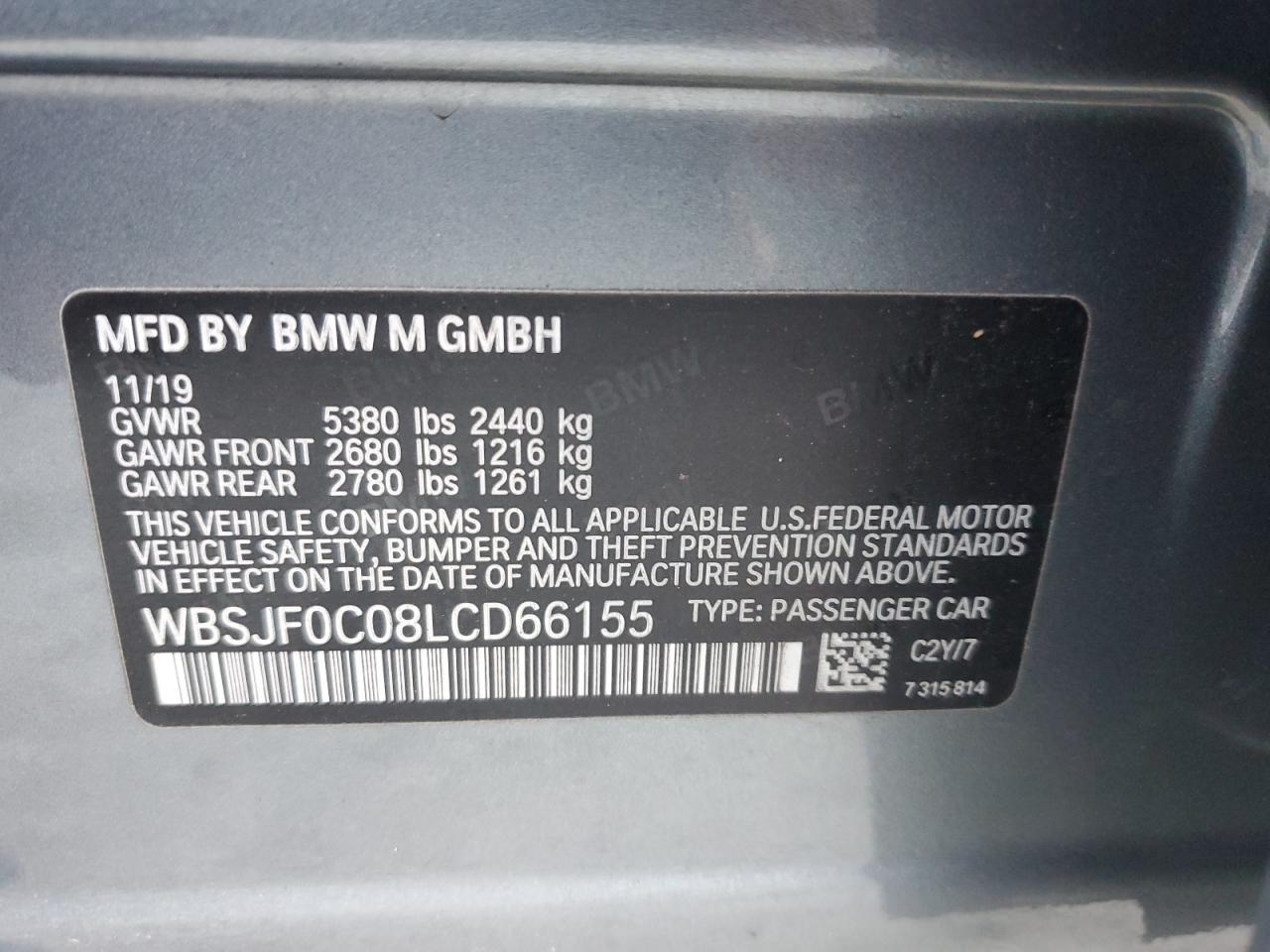 2020 BMW M5 Base VIN: WBSJF0C08LCD66155 Lot: 46107325
