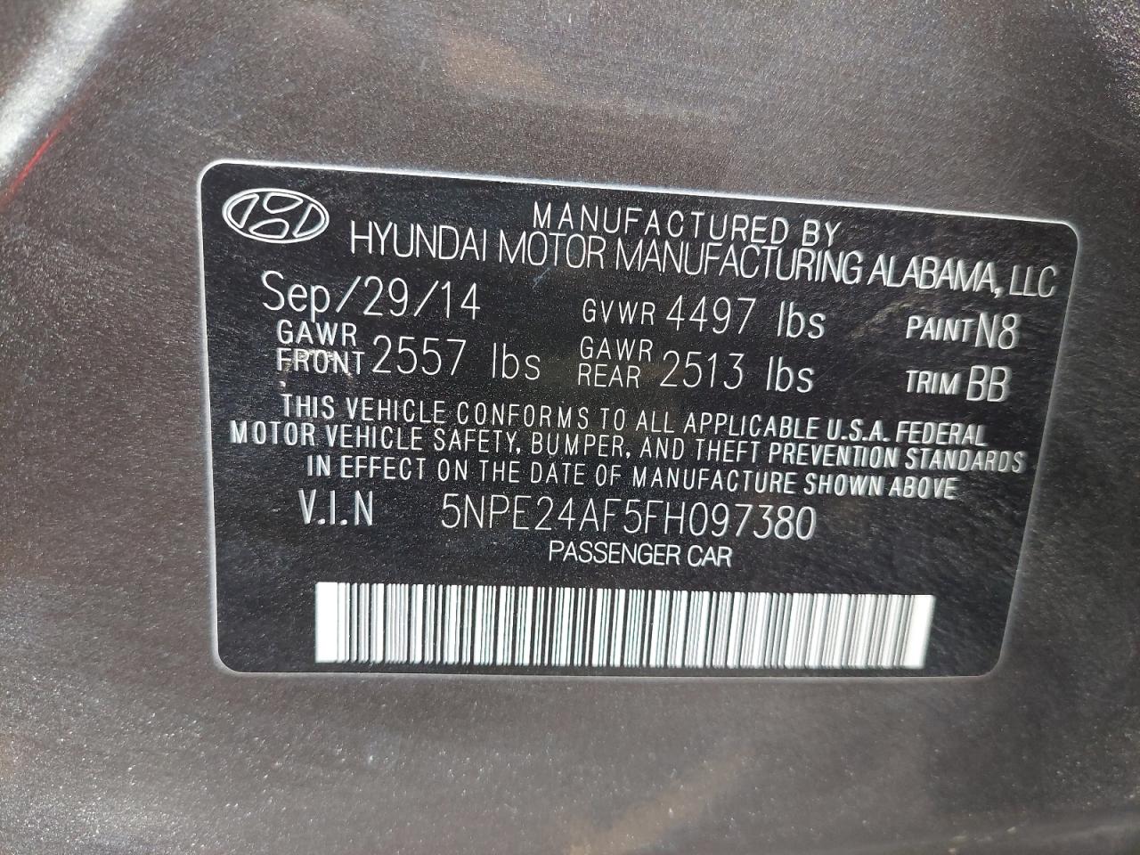 5NPE24AF5FH097380 - 2015 HYUNDAI SONATA - #44086055