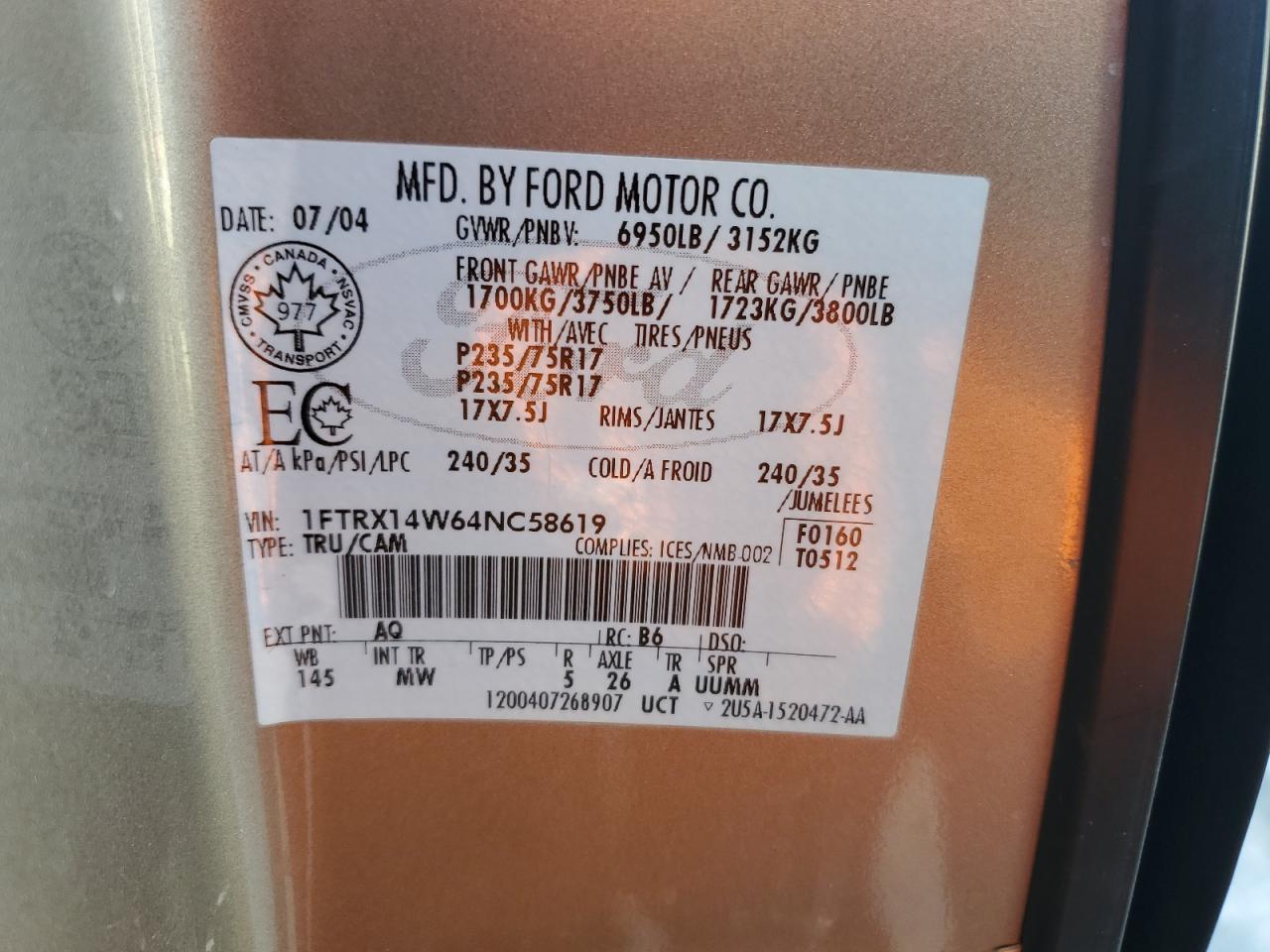 2004 Ford F150 VIN: 1FTRX14W64NC58619 Lot: 46256225