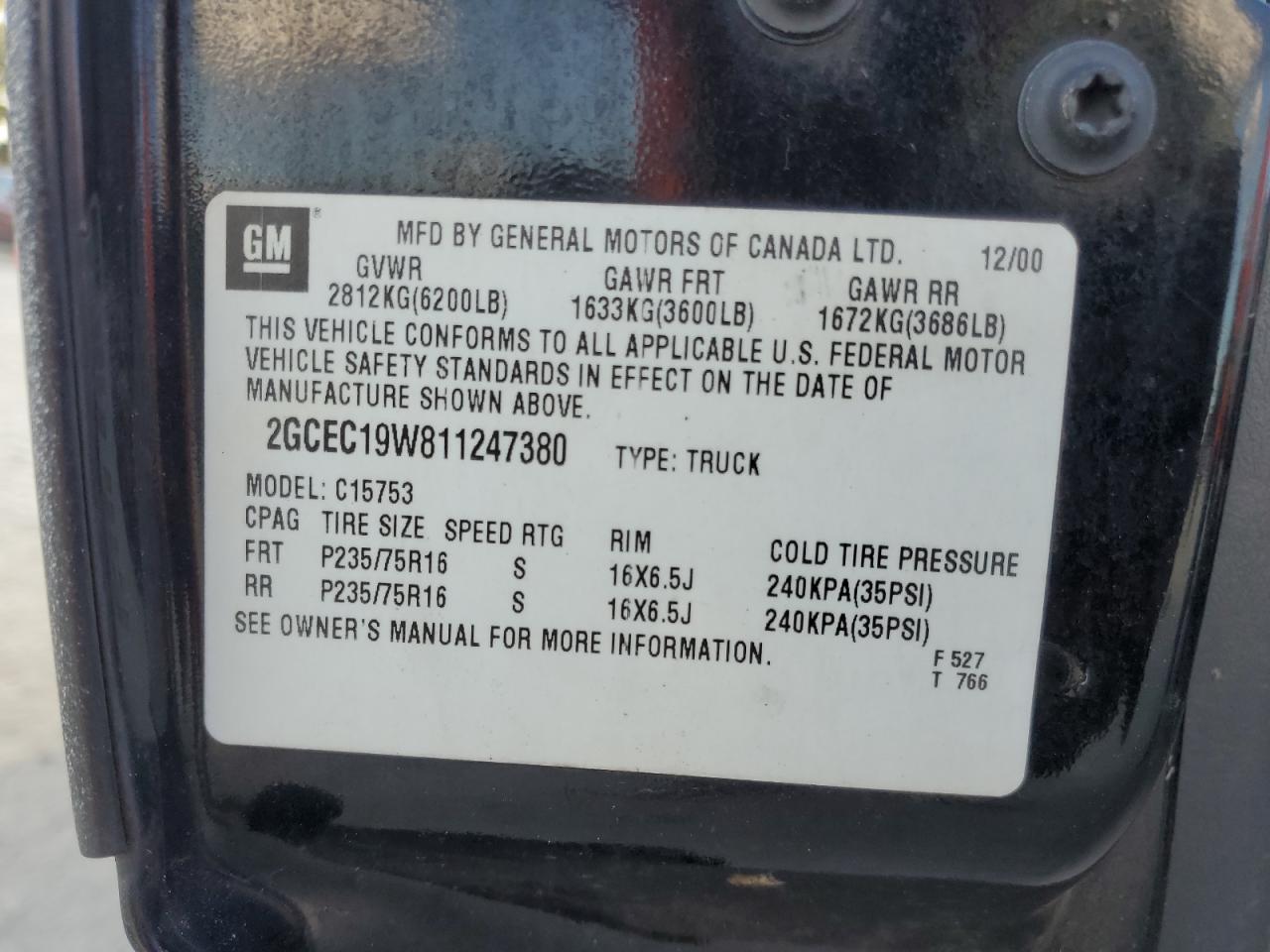 2001 Chevrolet Silverado C1500 VIN: 2GCEC19W811247380 Lot: 44856315