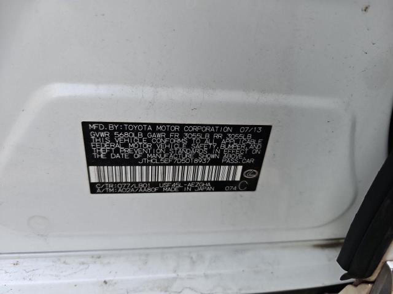 2013 Lexus Ls 460 VIN: JTHCL5EF7D5018937 Lot: 43862025