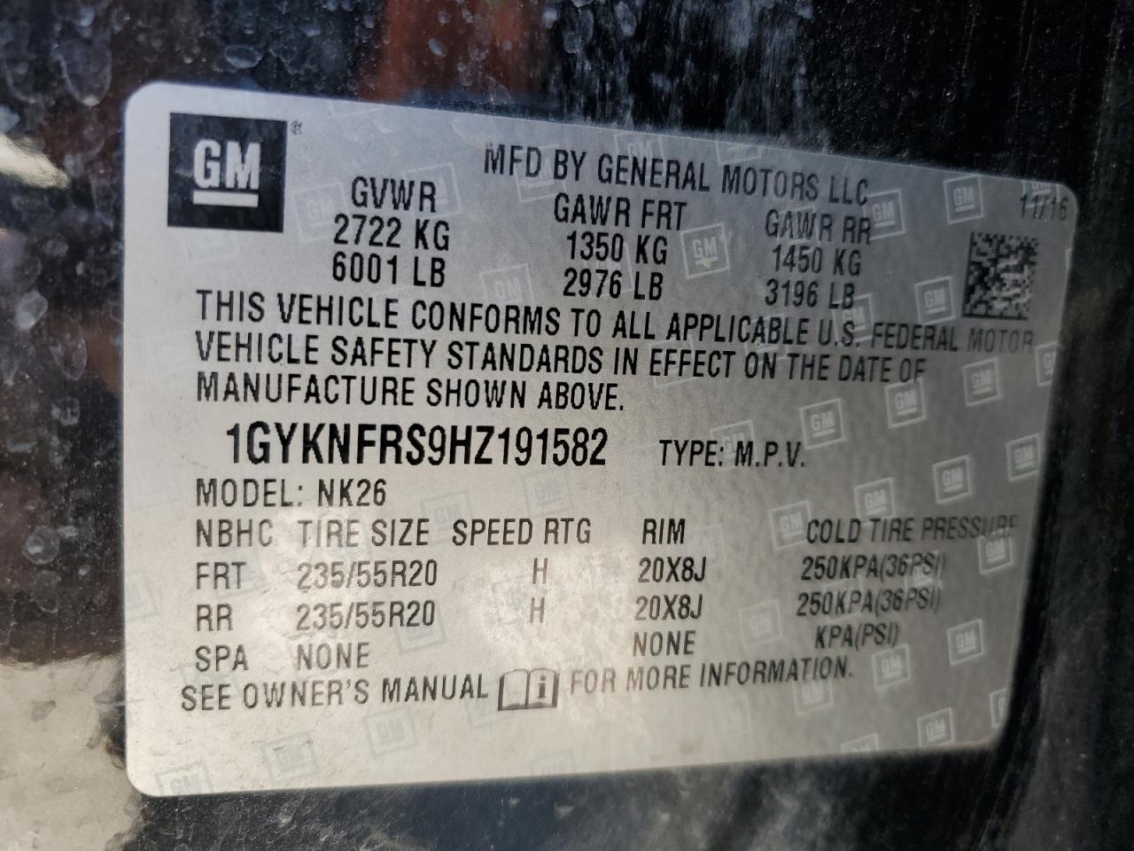 2017 Cadillac Xt5 Platinum VIN: 1GYKNFRS9HZ191582 Lot: 44946275