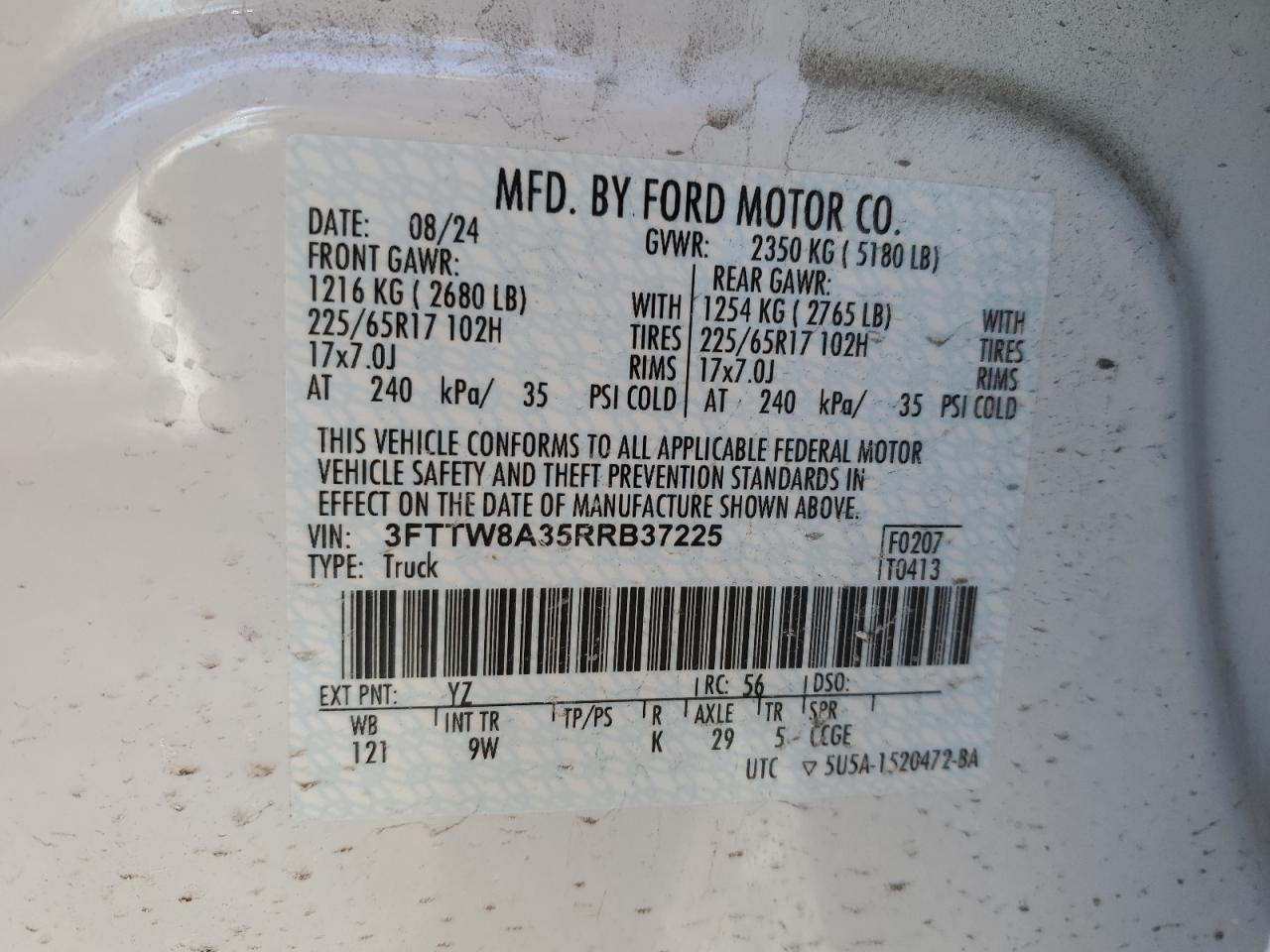 2024 Ford Maverick Xl VIN: 3FTTW8A35RRB37225 Lot: 45566605
