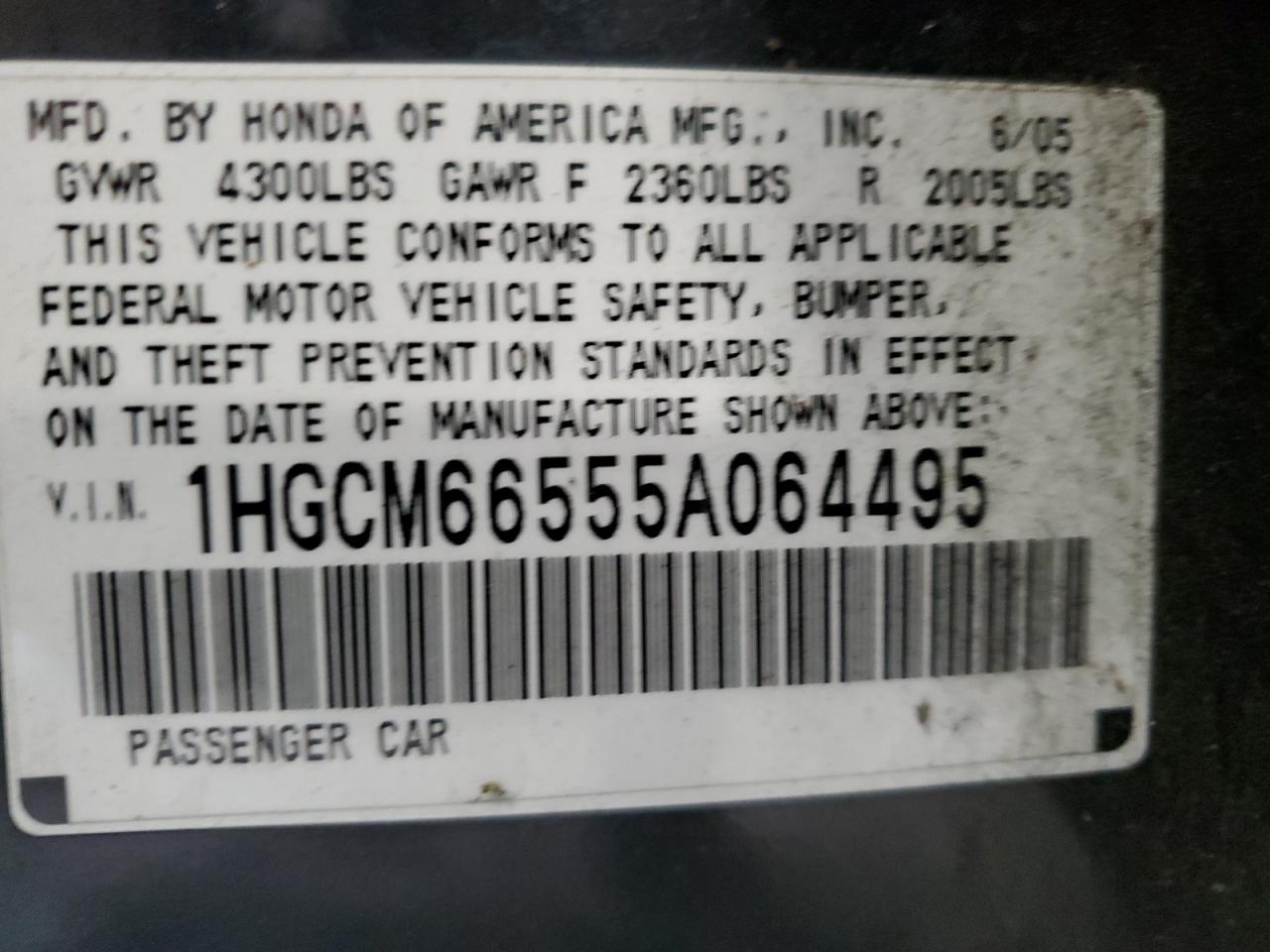 2005 Honda Accord Ex VIN: 1HGCM66555A064495 Lot: 43271375