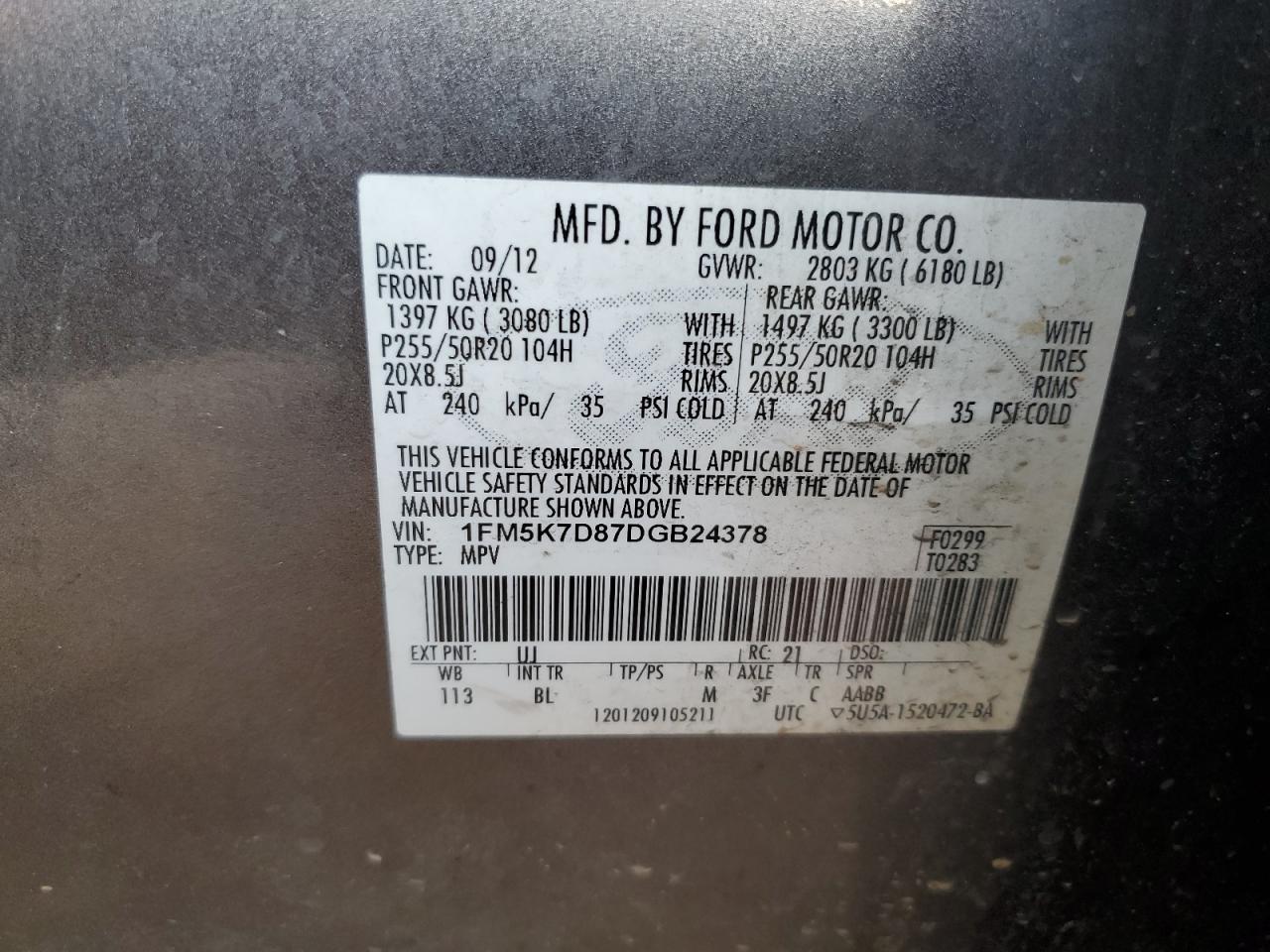 2013 Ford Explorer Xlt VIN: 1FM5K7D87DGB24378 Lot: 55314565