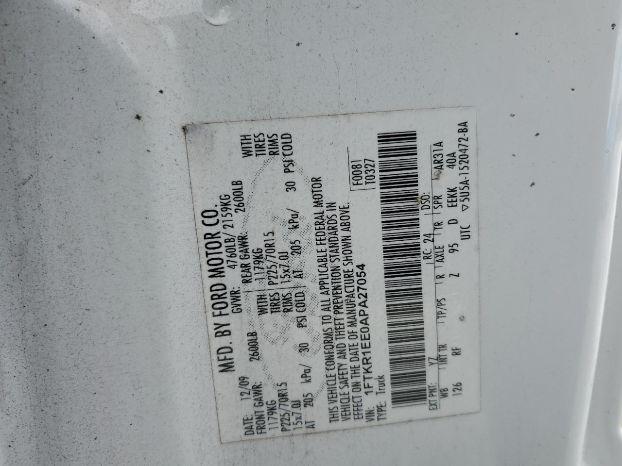 2010 Ford Ranger Super Cab VIN: 1FTKR1EE0APA27054 Lot: 44499165