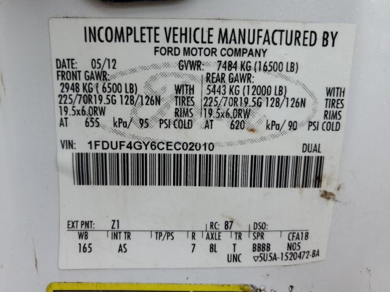 2012 Ford F450 Super Duty VIN: 1FDUF4GY6CEC02010 Lot: 44027355