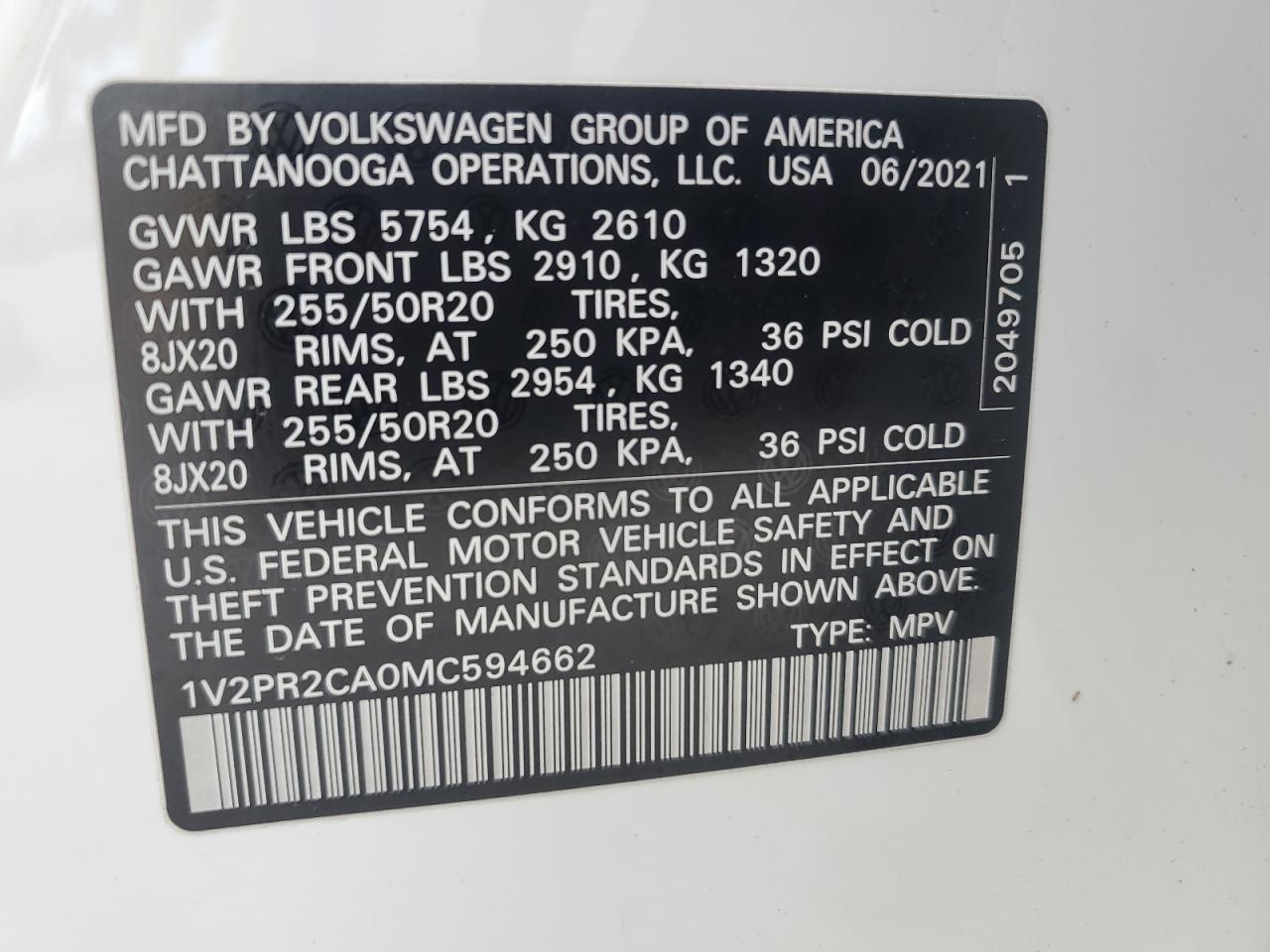 2021 Volkswagen Atlas Se VIN: 0LDL0T81204604 Lot: 44534395