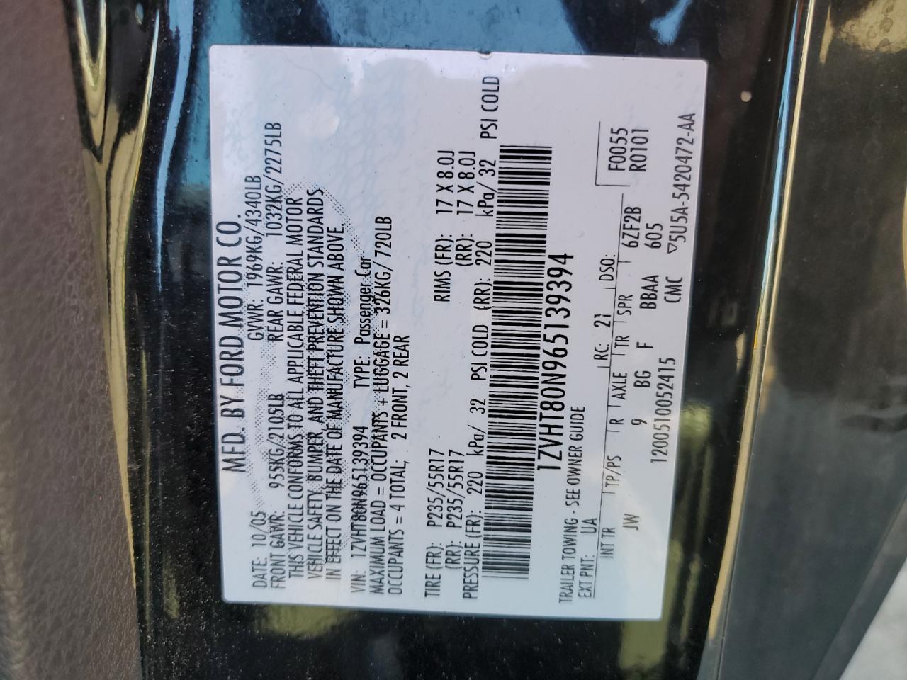 2006 Ford Mustang VIN: 1ZVHT80N965139394 Lot: 43779745