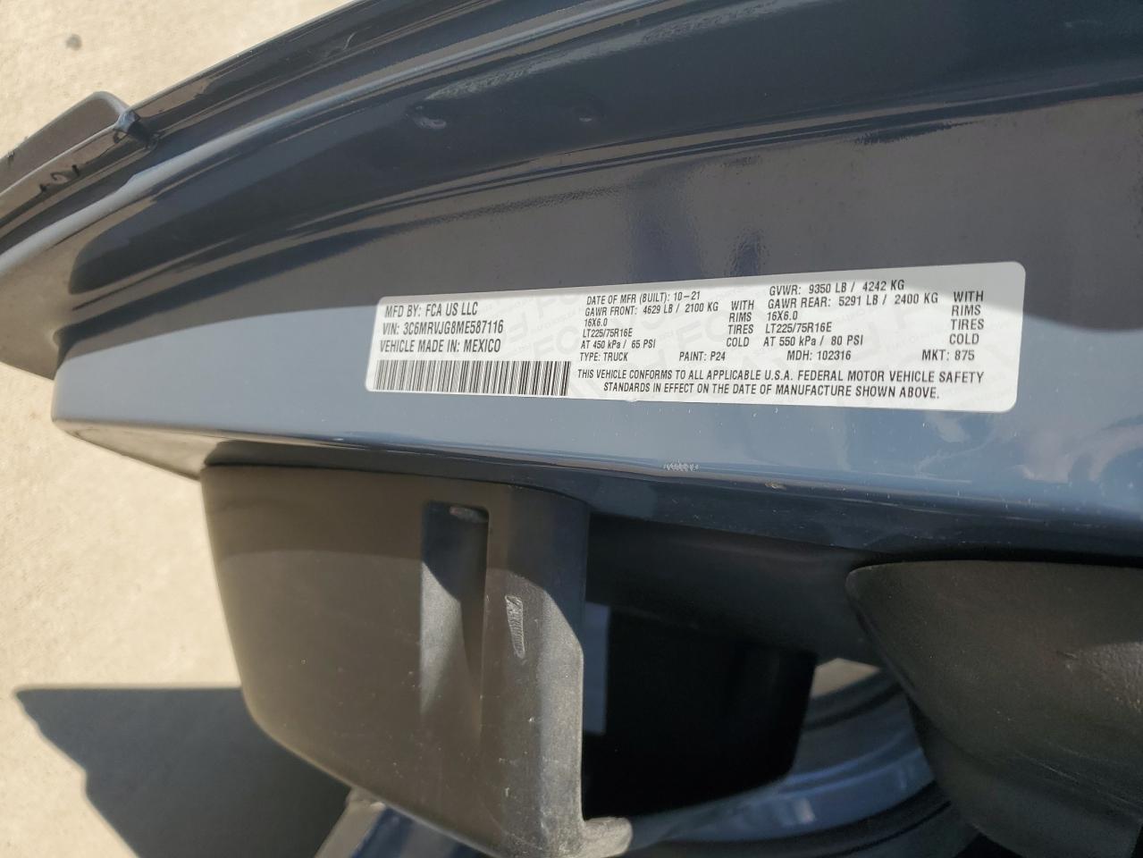 2021 Ram Promaster 3500 3500 High VIN: 3C6MRVJG8ME587116 Lot: 43457245