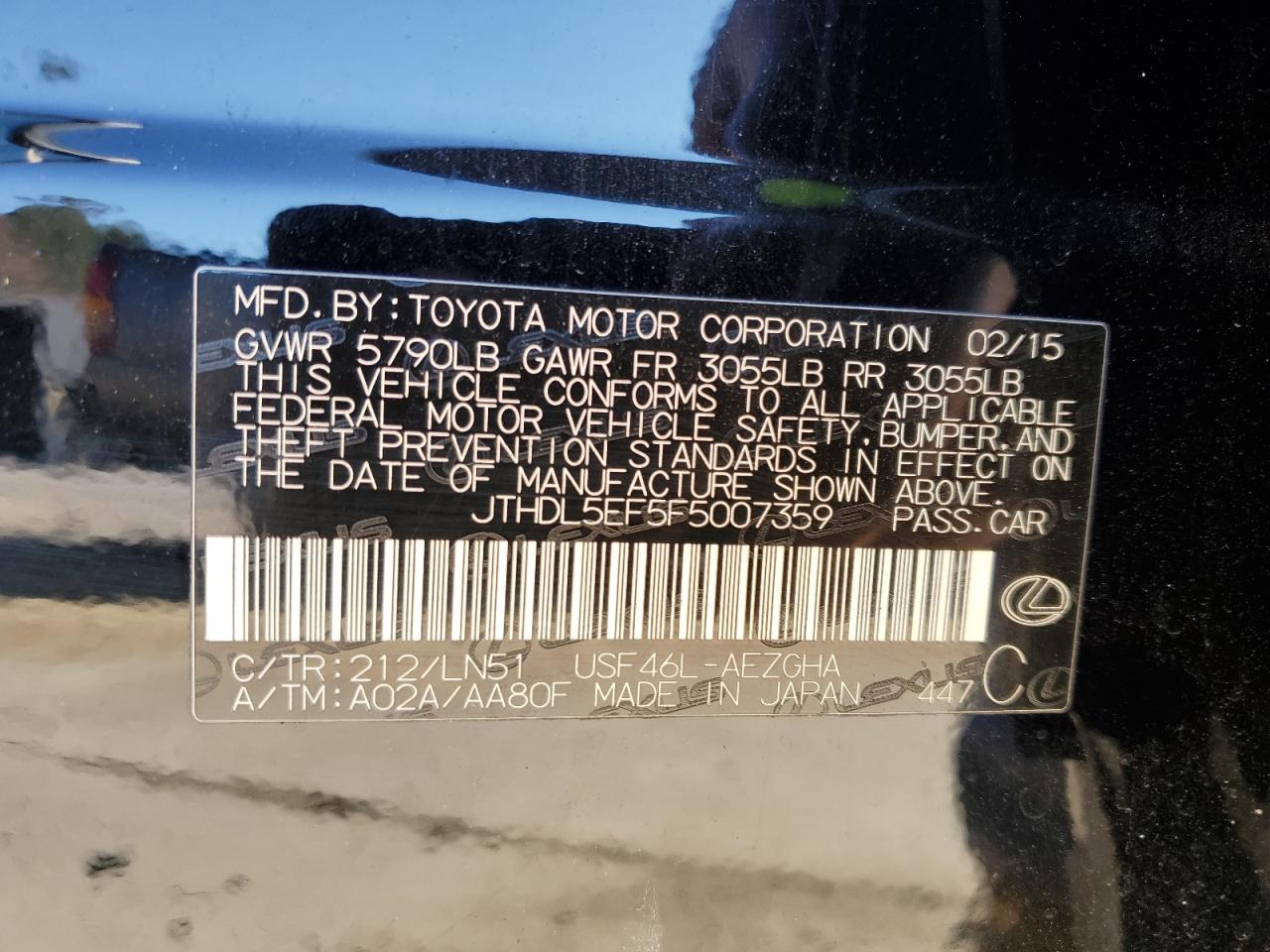 2015 Lexus Ls 460L VIN: JTHDL5EF5F5007359 Lot: 45135565