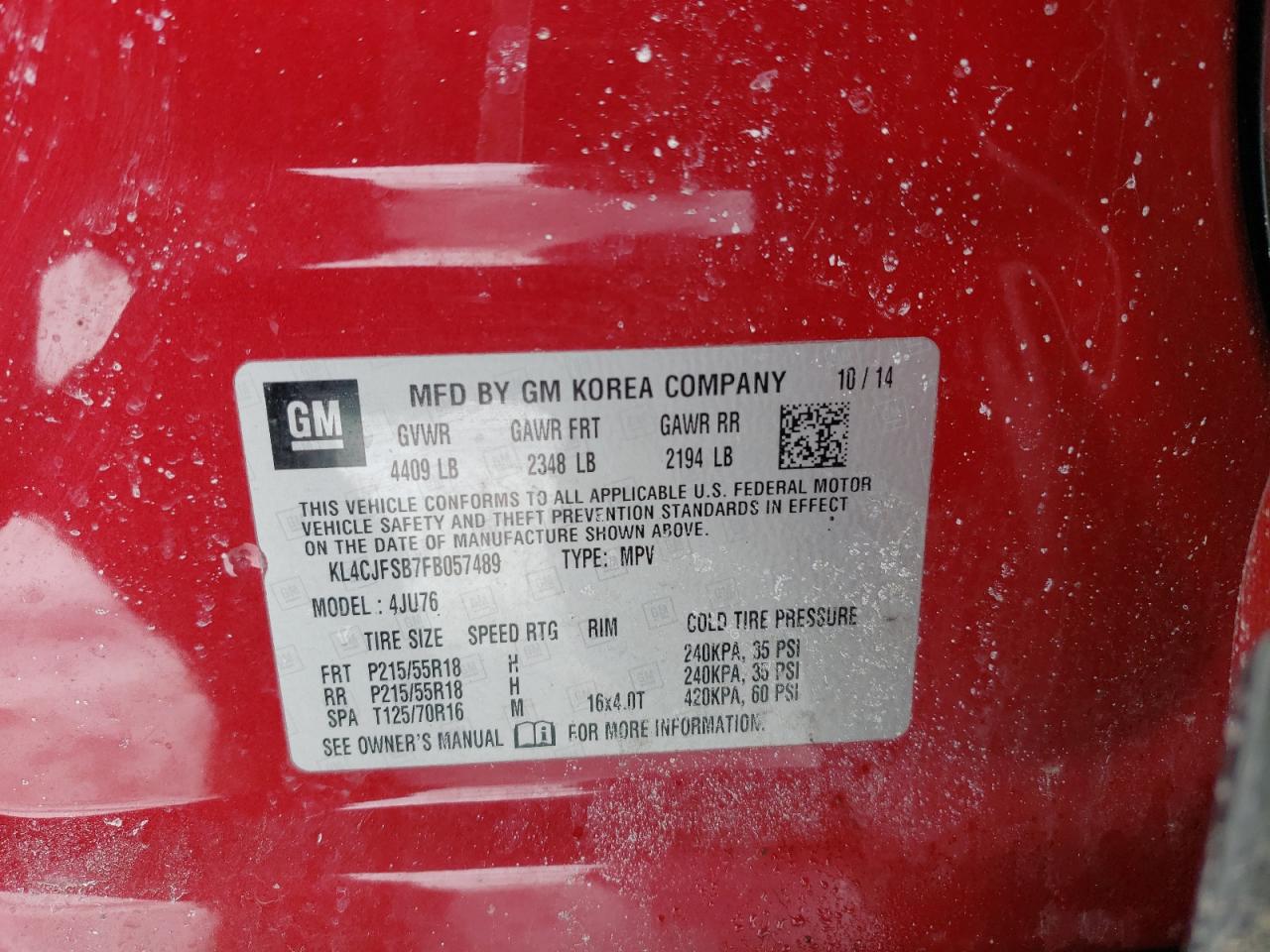 2015 BUICK ENCORE with FRONT END damage, VIN KL4CJFSB7FB057489