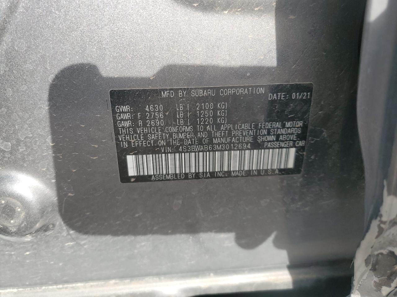 2021 Subaru Legacy VIN: 4S3BWAB63M3012694 Lot: 44636735